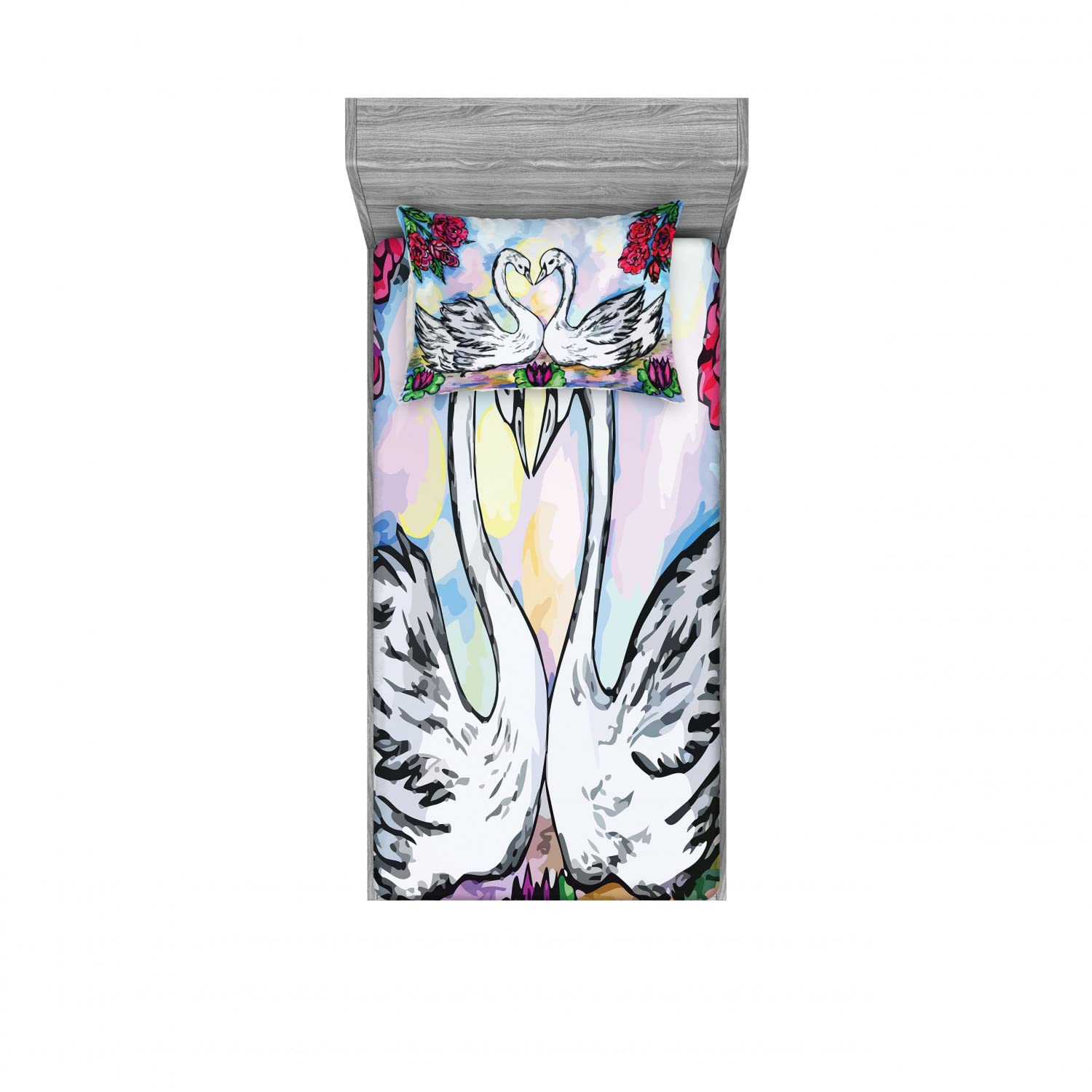 Ambesonne Floral 2-Pack Twin Fitted Sheet & Pillow Sham Set - White Swans Lake Design, 4-Piece Bedding Decor for Cozy Bedroom - Perfect for Guest Rooms, Dorms & Vacation Homes