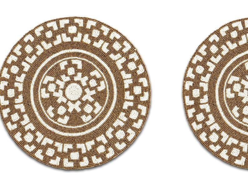 HM Creations Handmade Floral Beaded Placemats - 13x13 Inch Summer Table Mats & Designer Charger Plates (Set of 4) for Dining Table Decor, Wedding Centerpieces & Boho Home Decor
