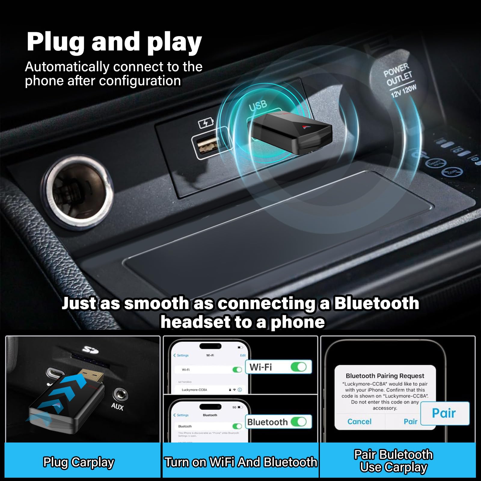 Wireless CarPlay Adapter for iPhone - Convert Wired to Wireless CarPlay, HD No Delay Plug & Play Mini Adapter with USB & USB-C/Type-C - Perfect for Seamless Music, Navigation & Calls While Driving