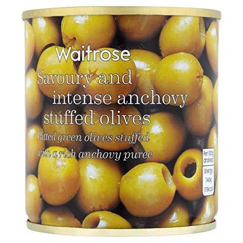 Premium Anchovy Stuffed Green Olives - Waitrose 200g | Gourmet Mediterranean Appetizer, Charcuterie Board & Tapas Party Essential