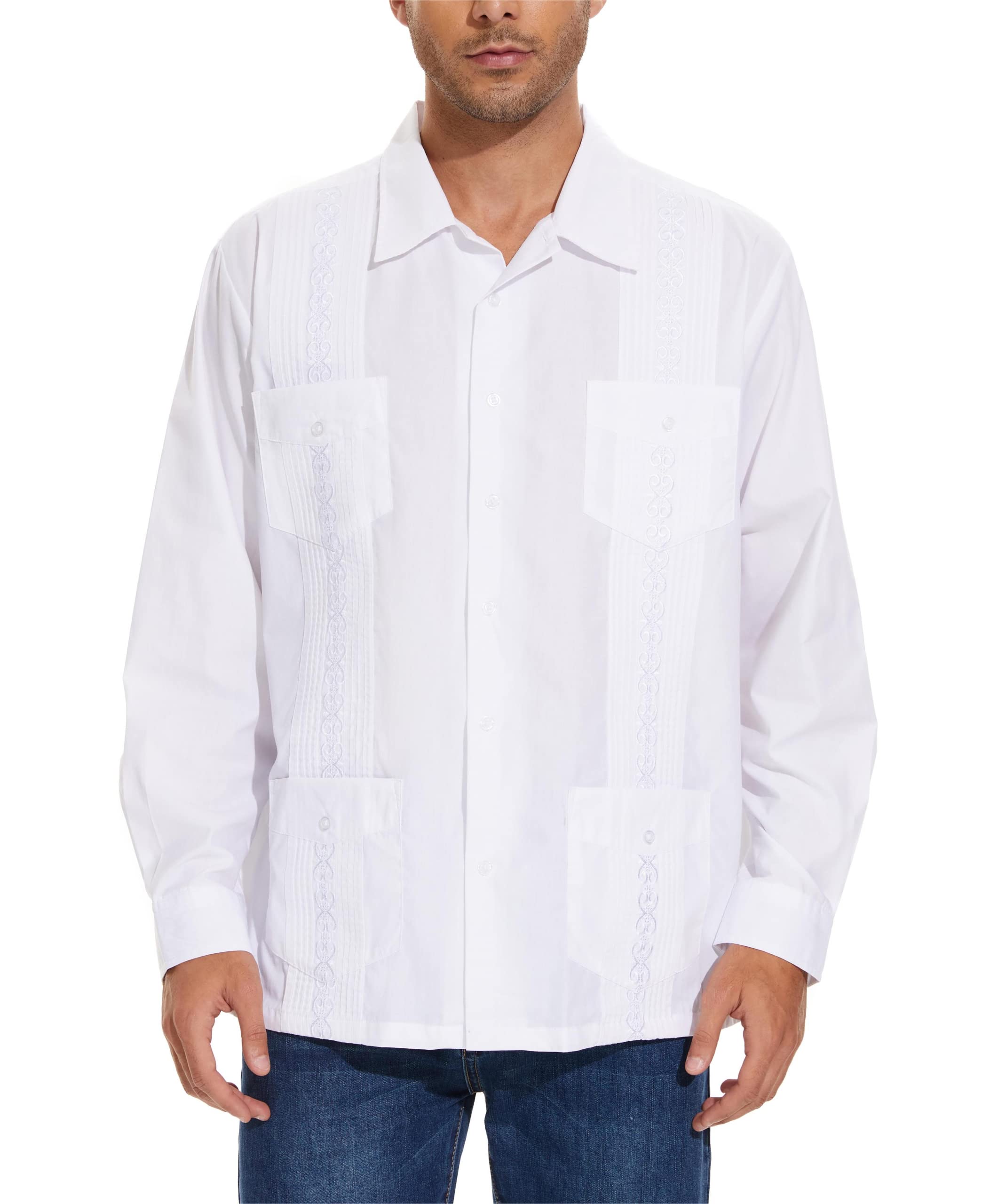 MAXJON Men's Long Sleeve Guayabera Shirts - Classic Cuban Shirt for Men | Casual Wear, Beach Vacation & Summer Outfits