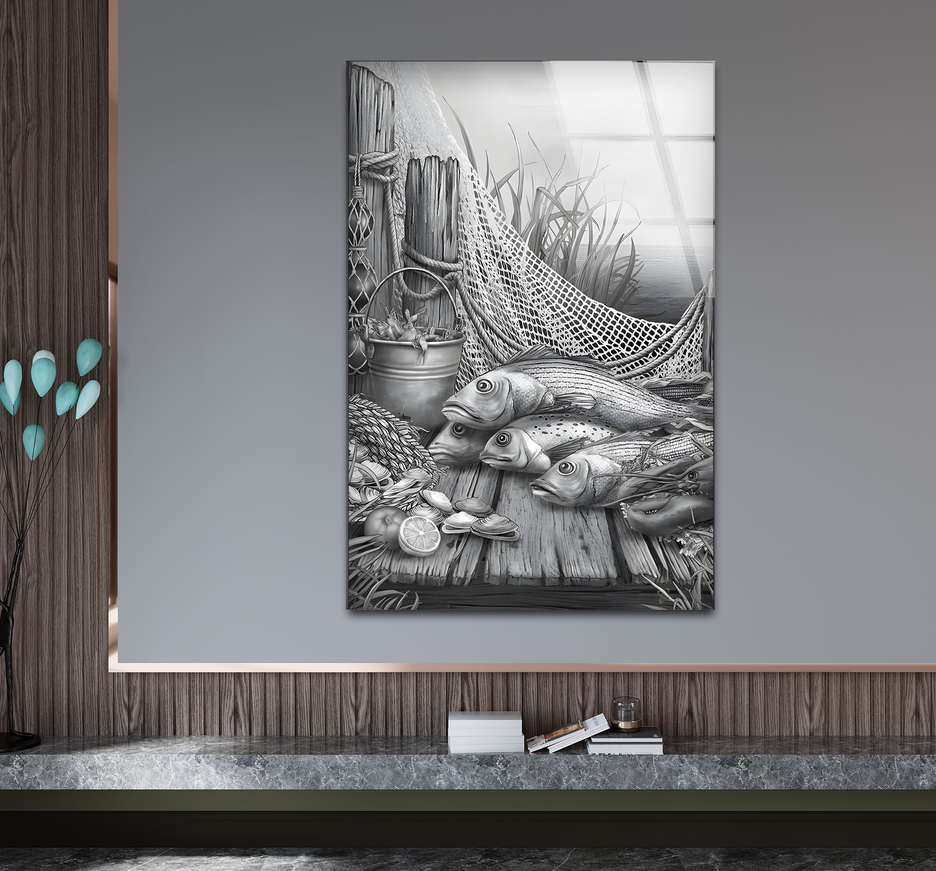 Black and White Fish Art Glass Wall Decor - Elegant Ocean-Themed Mural for Living Room, Bedroom & Office