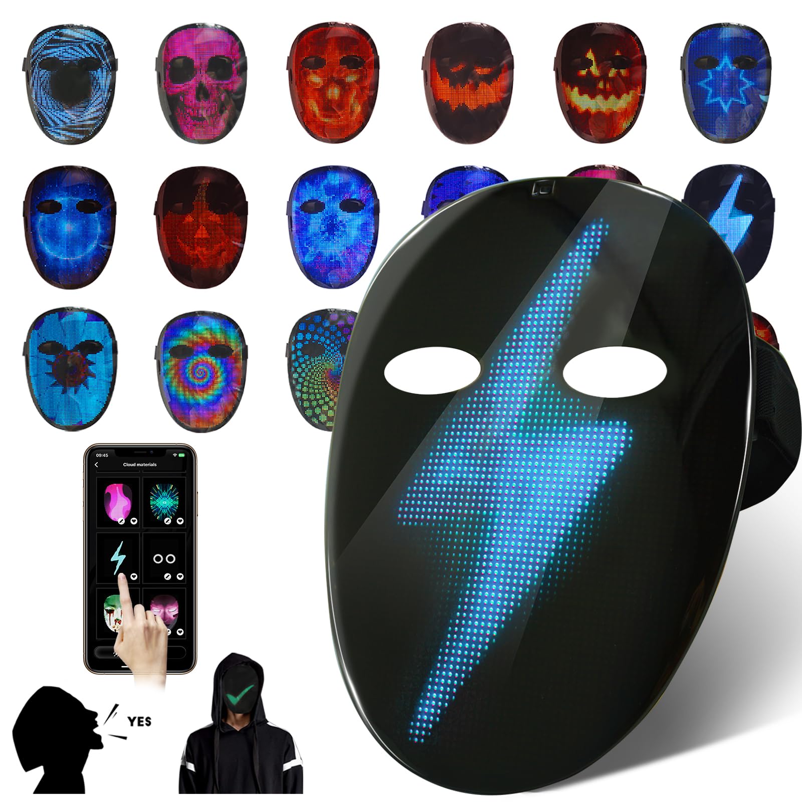 Depointer Life LED Face Mask with Voice Recognition & Gesture Control - Programmable App, Multi-Pattern Light Display for Cosplay, Rave Parties & Festivals