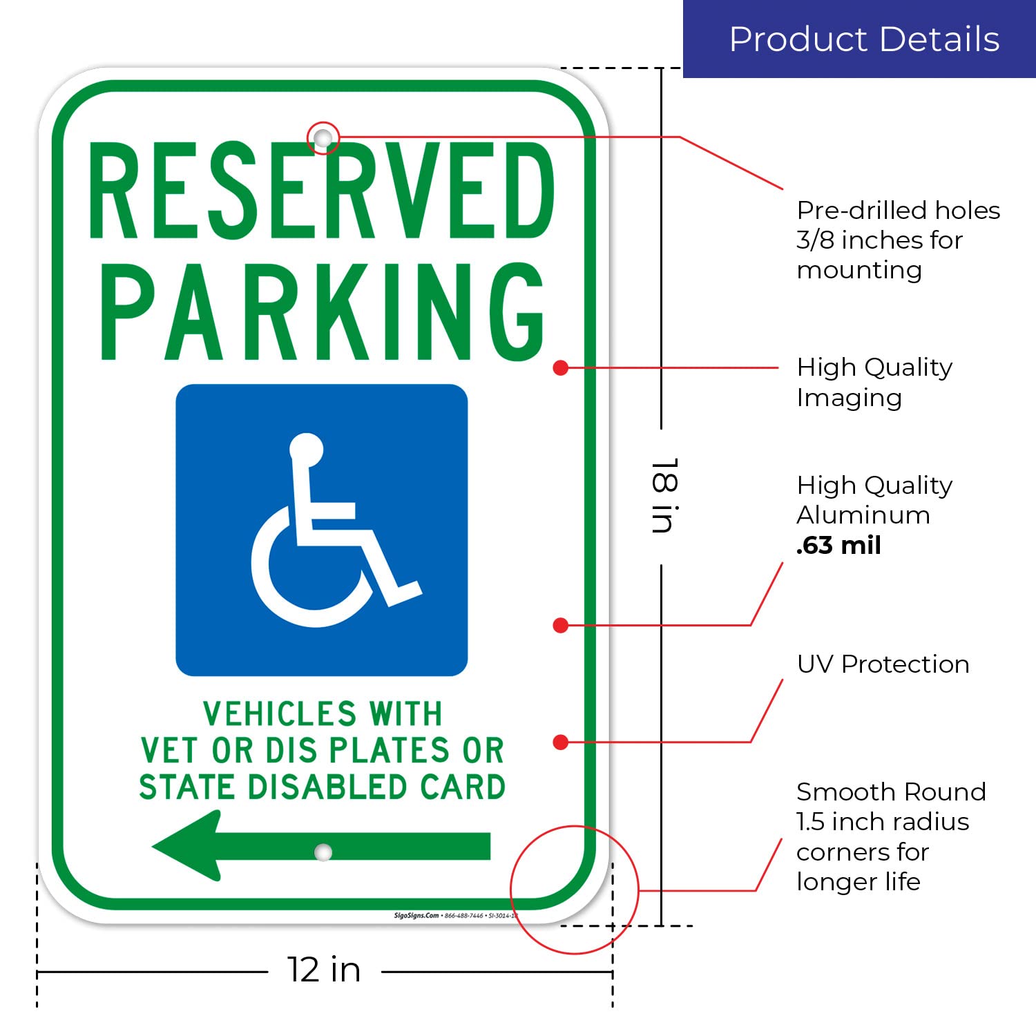 Wisconsin Handicap Parking Sign - Reserved Parking for Vehicles with Vet Plates or State Disabled Card - Left Arrow Design - 12x18 Inches - Rust-Free .063 Aluminum - Fade Resistant - Made in USA - Perfect for ADA Compliant Parking Spaces, Hospitals, and Public Facilities