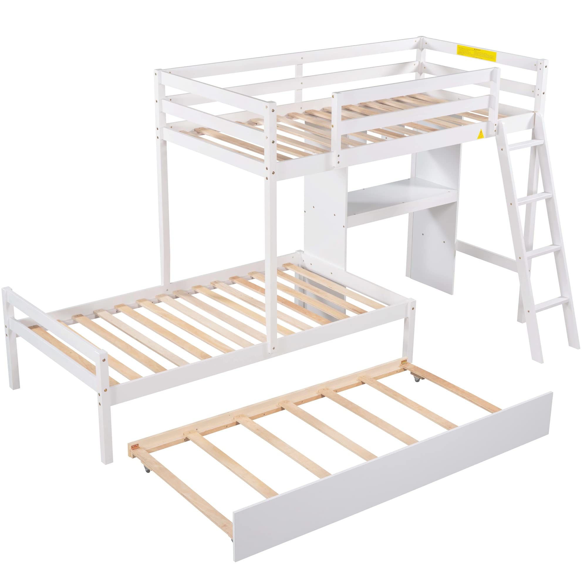 Convertible Twin Over Twin Wooden Bunk Bed with Built-in Desk, Bookshelves & Trundle - 3-in-1 Space Saving Design (White) - Perfect for Kids' Bedroom, Guest Room & Small Spaces