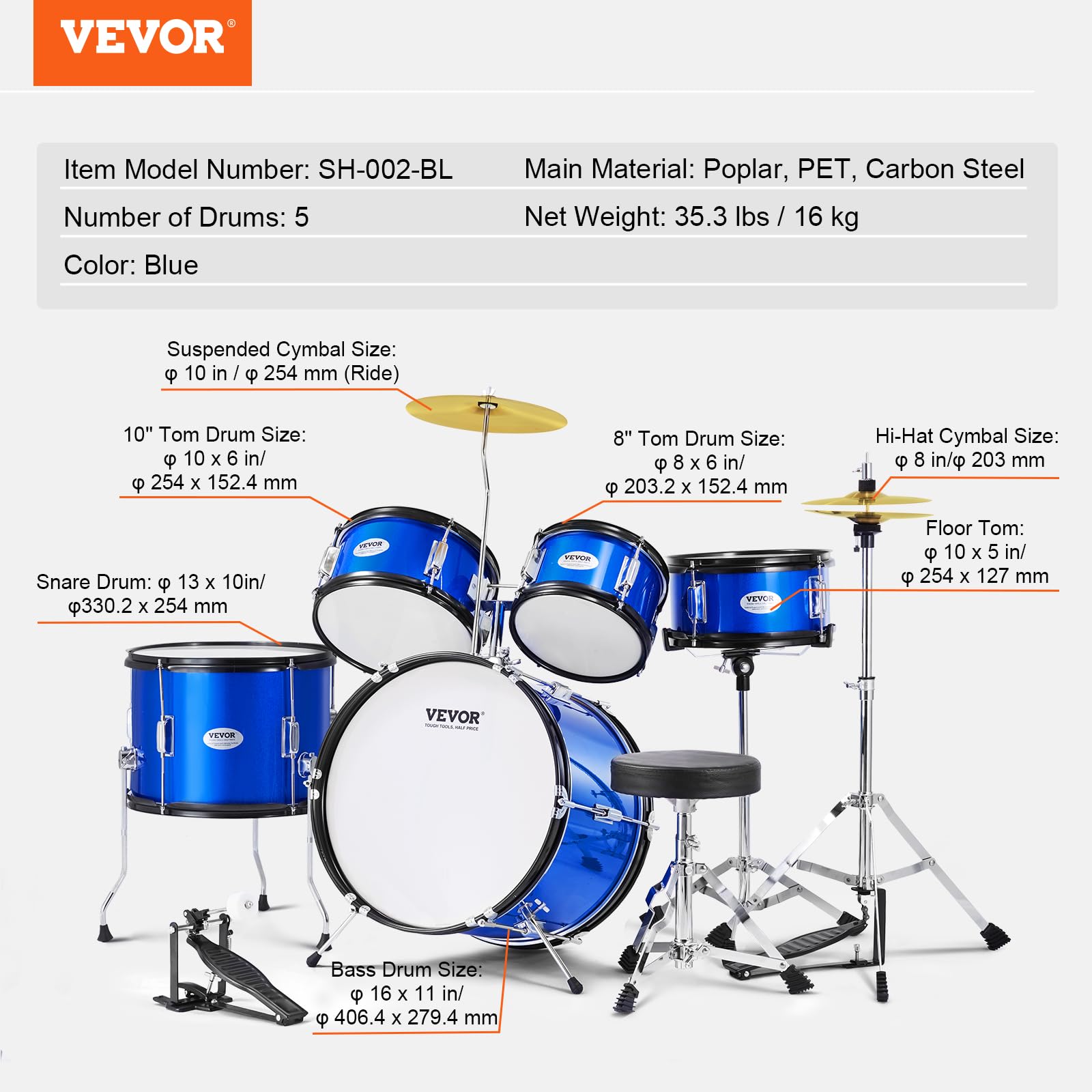 VEVOR 5-Piece Kids Drum Set with Adjustable Throne, Sticks, Cymbal & Pedal - 16