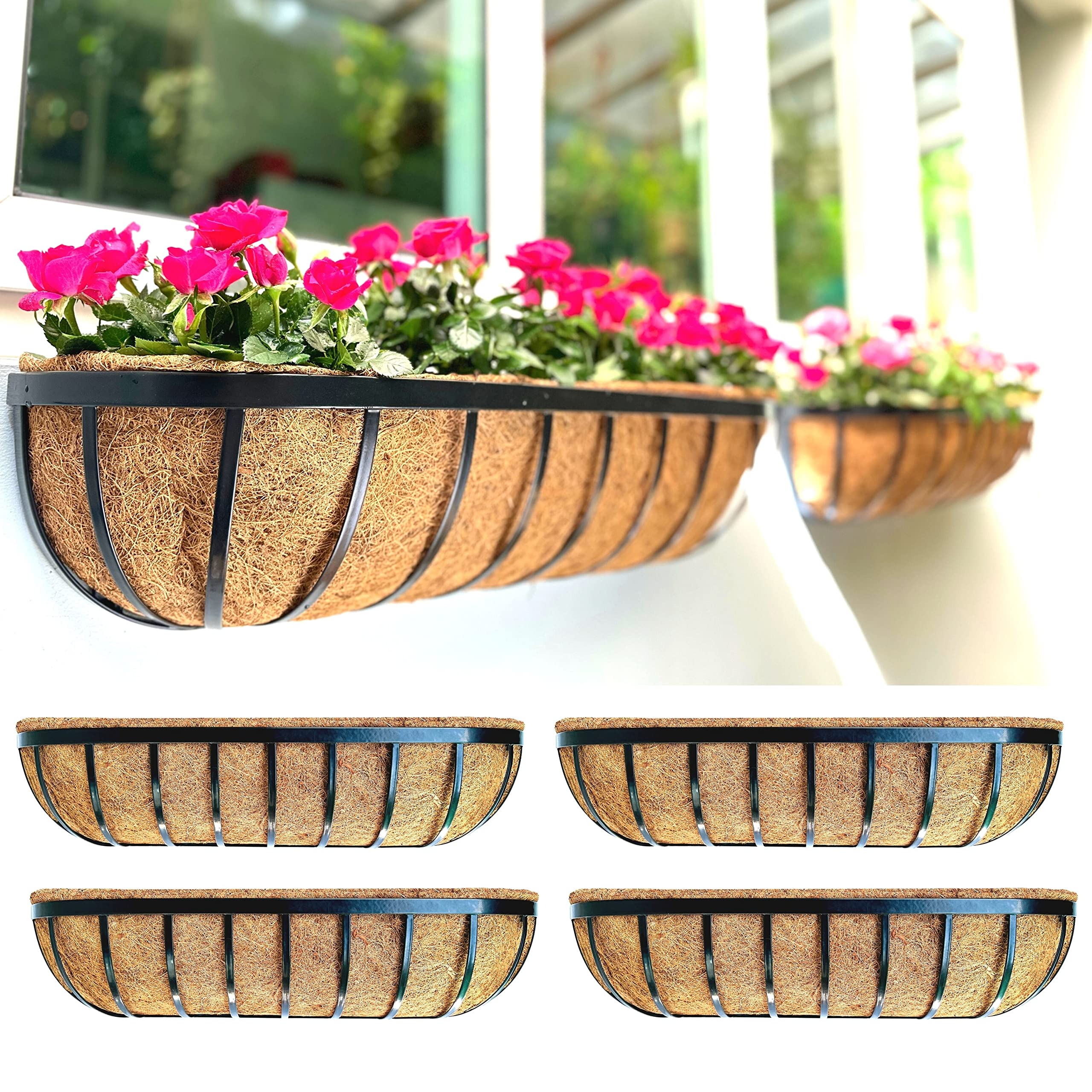 LaLaGreen 30 Inch Large Black Deck Railing Planter Boxes (4 Pack) - Outdoor Wall Planters with Coco Liners for Flowers & Plants | Metal Fence, Balcony, Patio & Porch Decor | Perfect for Window Boxes, Deck Railings & Outdoor Gardening