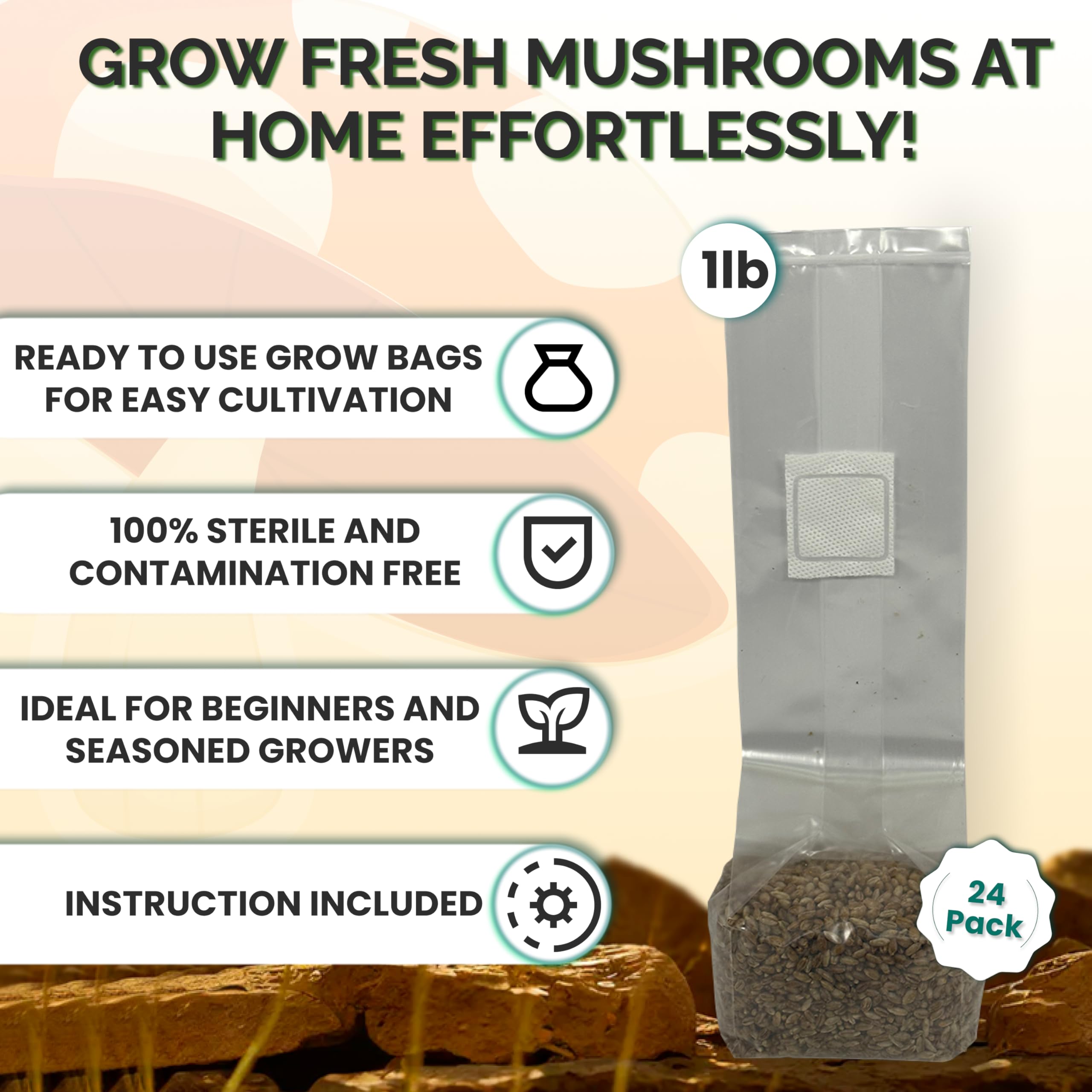 Magic Mushroom Growing Kit - Sterilized Rye Grain Substrate for Home Cultivation | 24 Pack Indoor Grow Bags (1lb Each) | No Spores or Injection Ports Included | Perfect for Beginners & Organic Gardening Enthusiasts