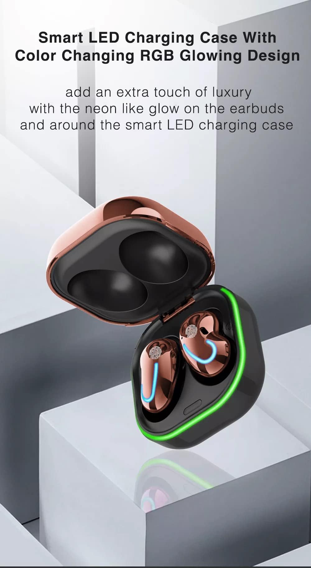 Acuvar Wireless Bluetooth 5.1 Earbuds with Microphone - IPX4 Waterproof In-Ear Headphones, Rechargeable Micro USB, Smart LED RGB Case for Android & iOS Smartphones (Rose Gold) - Perfect for Workouts, Commuting & Travel