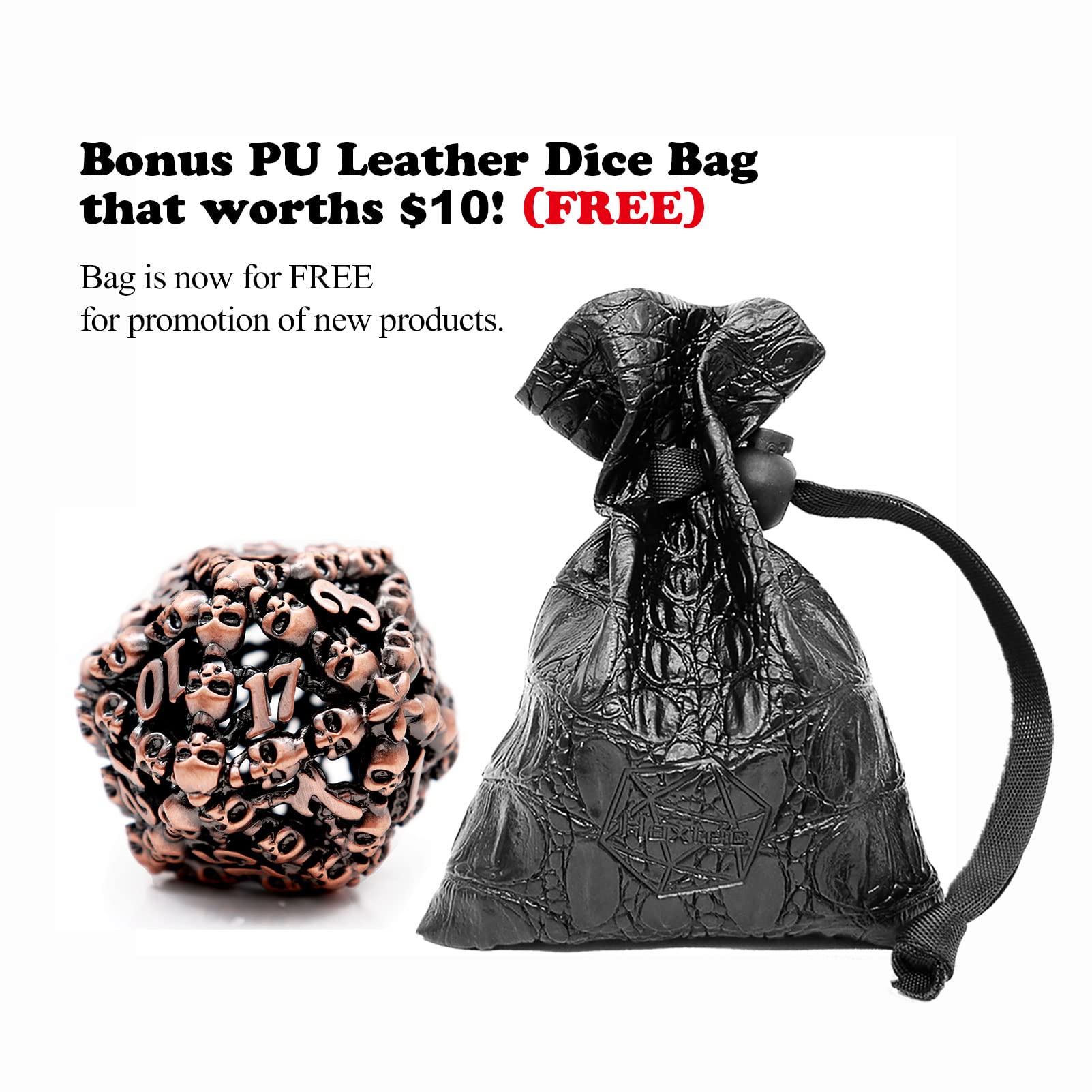 Haxtec 40mm Oversized Metal Hollow D20 Dice Set - Large Skull Design 20-Sided Polyhedral RPG Dice for DND, Dungeons & Dragons, Pathfinder - Includes PU Leather Dice Bag - Perfect for Tabletop Gaming, RPG Enthusiasts & Unique Gift (Antique Copper)