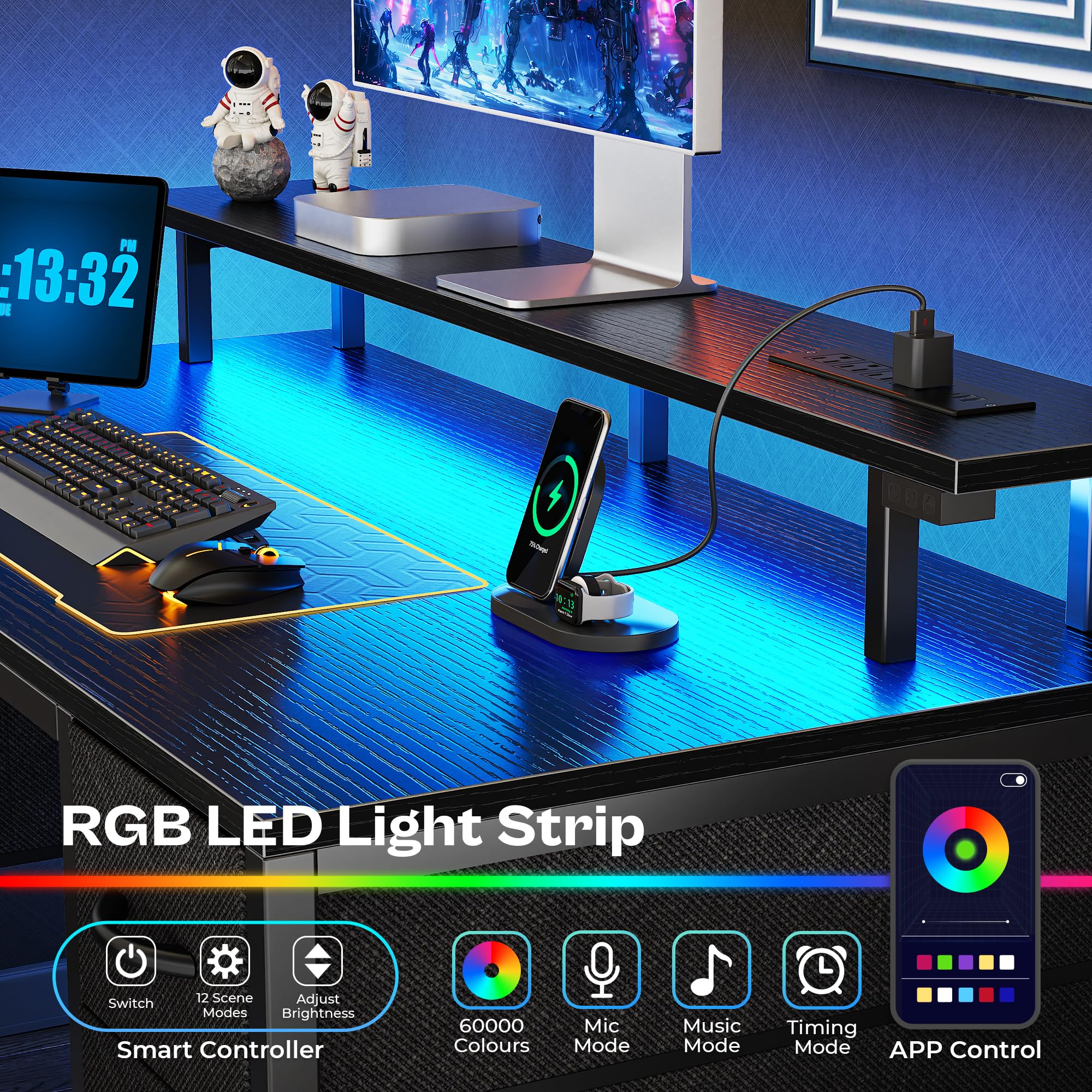 Huuger 55 Inch LED Gaming Desk with Power Outlets & 4 Drawers - Black Home Office Computer Desk with Large Storage Space for Bedroom, Work from Home | Perfect for Gaming Setup, Remote Work & Study