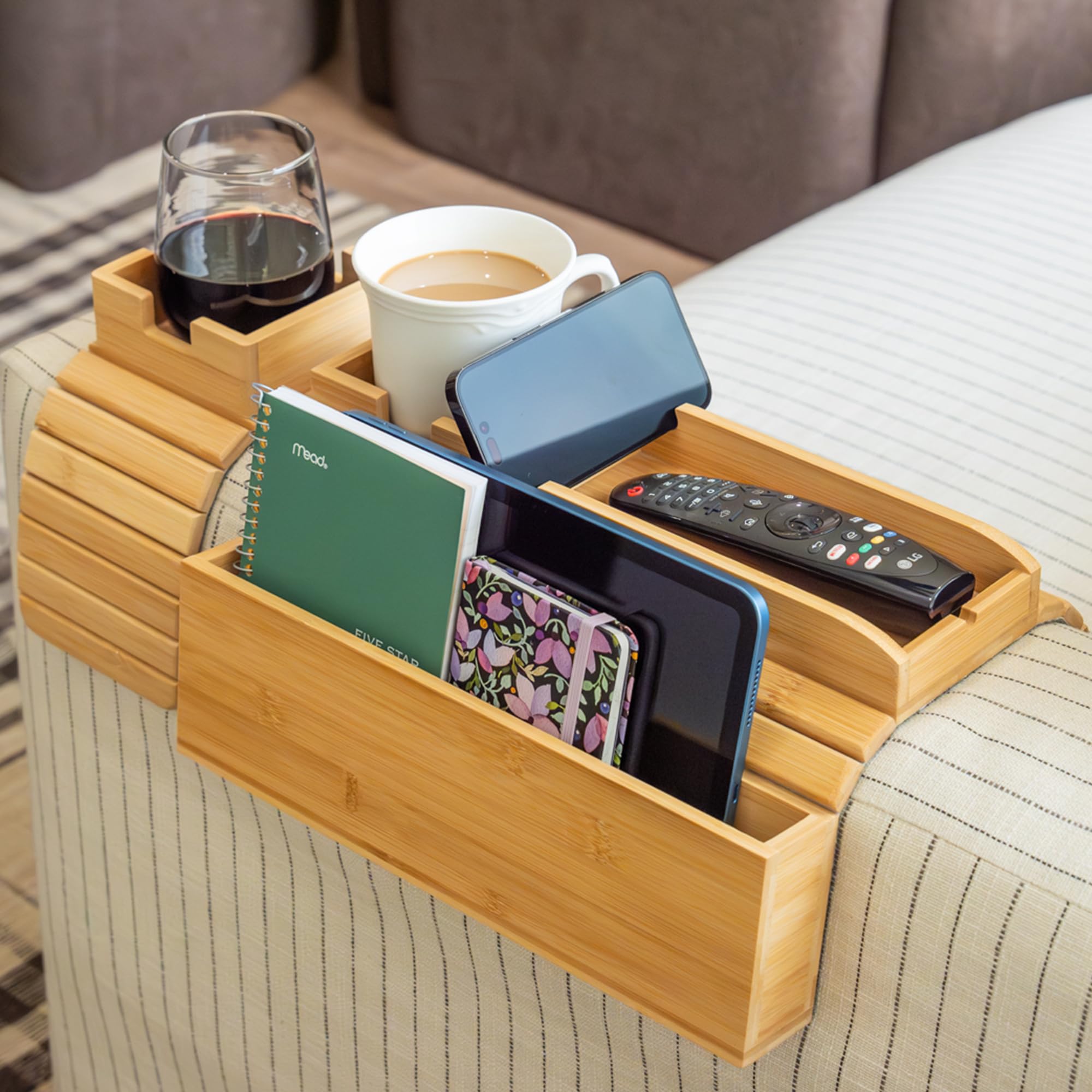 Premium Bamboo Couch Cup Holder Tray Set - Large & Small Non-Slip Drink Holder Caddy with Side Pocket Storage - Universal Sofa Arm Tray for Couches, Recliners & Loveseats - Perfect for Movie Nights, Gaming Sessions & Relaxing with Drinks & Snacks