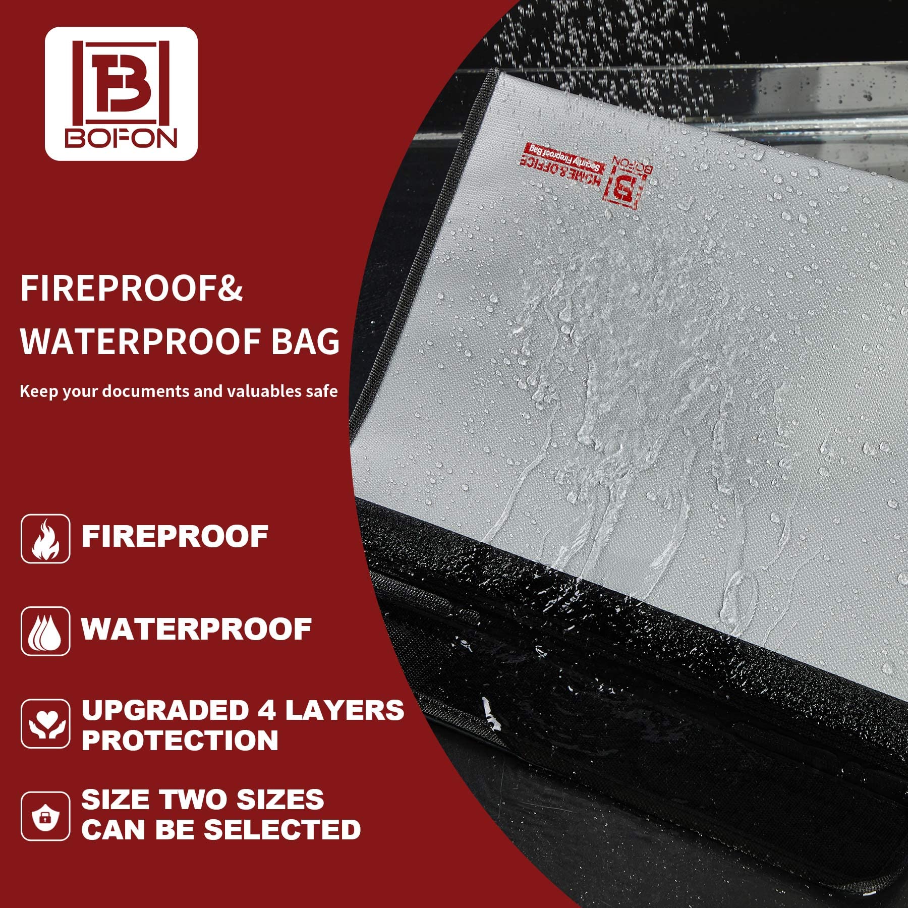 BOFON 15”x11” Fireproof Document Bag - Waterproof & Fireproof Money Bag with Zipper for Valuables, Cash, Jewelry, Files & Tablets - Ideal for Home, Office & Travel Safety Storage