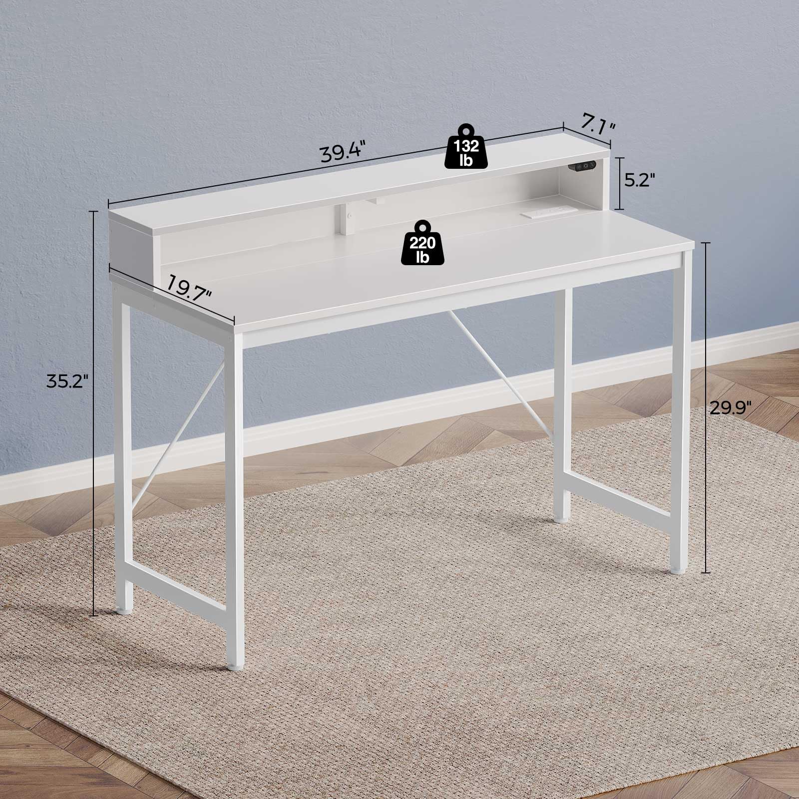 Rolanstar 39-inch LED Computer Desk with Power Outlets - Home Office Desk with Monitor Shelf, Gaming & Study Desk for Students, Kids (White) - Perfect for Remote Work, Online Classes & Gaming Setup
