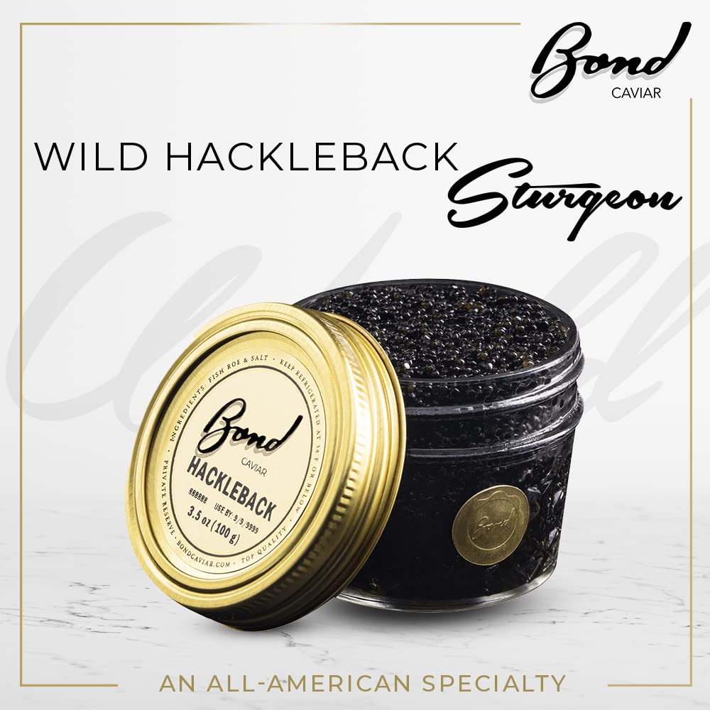Premium Bond American Hackleback Caviar - World-Renowned Small Black Pearls, Malossol-Cured with Sea Salt - 3.5oz (100g) Glass Jar - Luxury Gourmet Gift for Weddings, Parties & Special Occasions - Perfect for Canapés, Blinis & Fine Dining Experiences