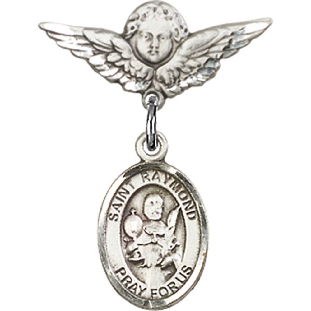Sterling Silver Baby Badge with St. Raymond Nonnatus Charm & Angel Wing Pin - 7/8