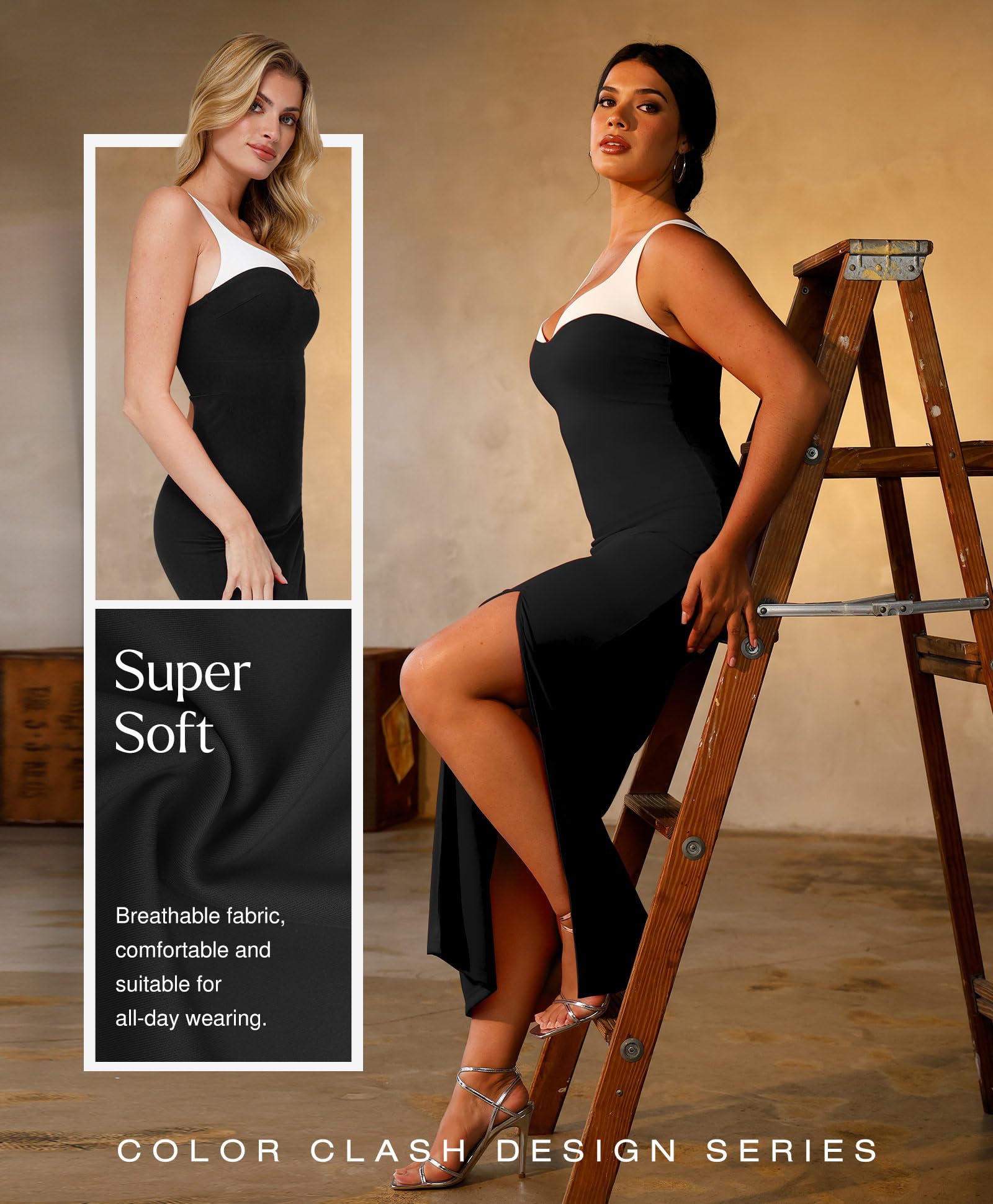 Popilush Shapewear Dress with Built-in Bra - Slimming Formal Maxi Bodycon Dress with Contrast Trim for Cocktail Parties & Evening Events | Perfect for Weddings, Date Nights & Special Occasions