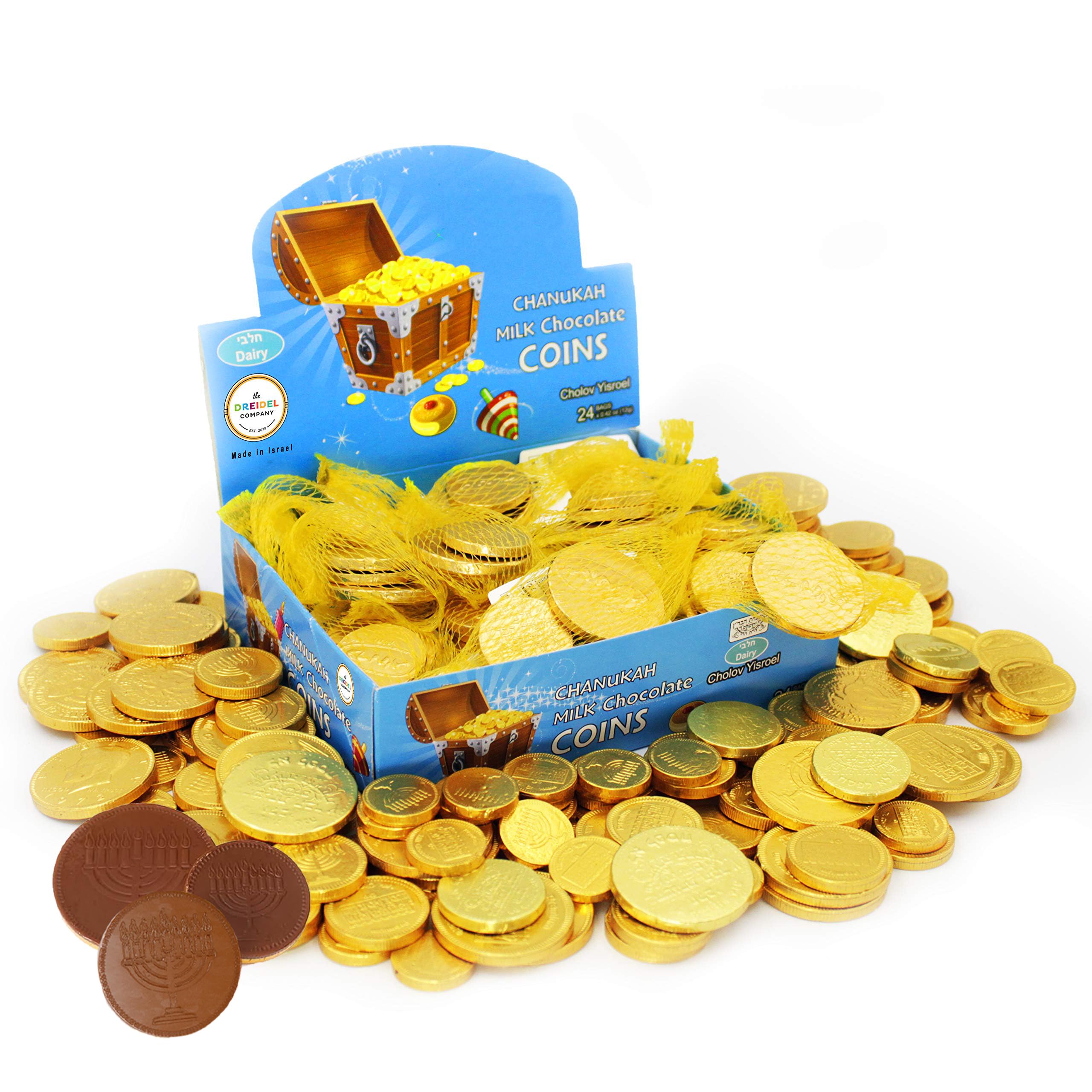 Dreidel Company Hanukkah Chocolate Gelt - Kosher Certified Milk Chocolate Coins Made in Israel (24 Pack, 0.42 oz Each) - Perfect for Hanukkah Gifts, Party Favors & Holiday Celebrations