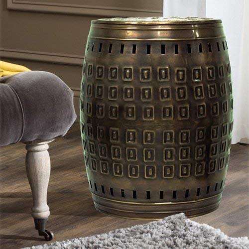 Vintage Bronze Large Drum End Table - Barrel Stool Circle Shaped Farmhouse Decor - Metal Iron Side Table for Living Room, Bedroom & Patio
