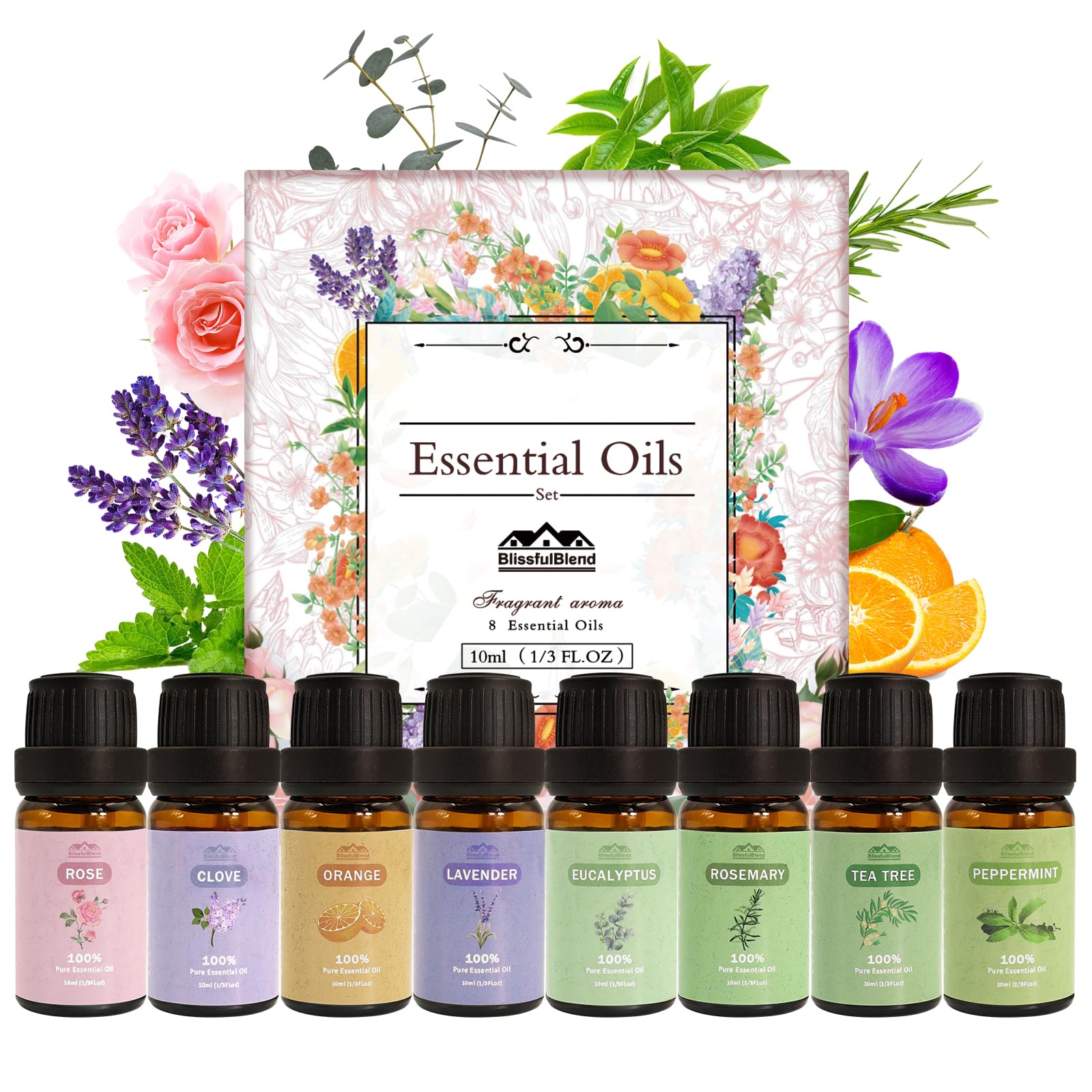 8 Pack 10ML Pure Aromatherapy Essential Oil Set - Peppermint, Lavender, Eucalyptus, Tea Tree, Rose, Rosemary, Clove & Orange for Diffusers, Candle Making, Massage & Relaxation - Spring 2025 Collection