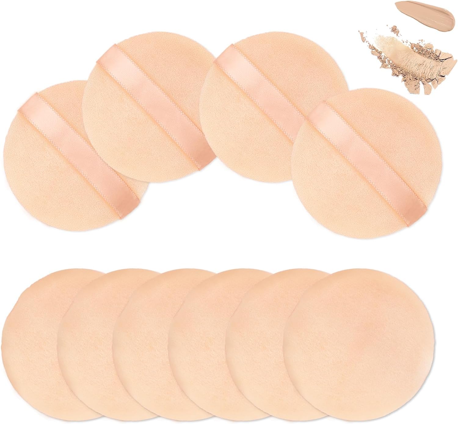Velour Powder Puffs for Face Makeup - 10 Pack Soft Pure Cotton Cosmetic Puff Applicators with Ribbon for Powder Foundation & Setting Powder - Perfect for Travel, Touch-ups & Professional Makeup Kits