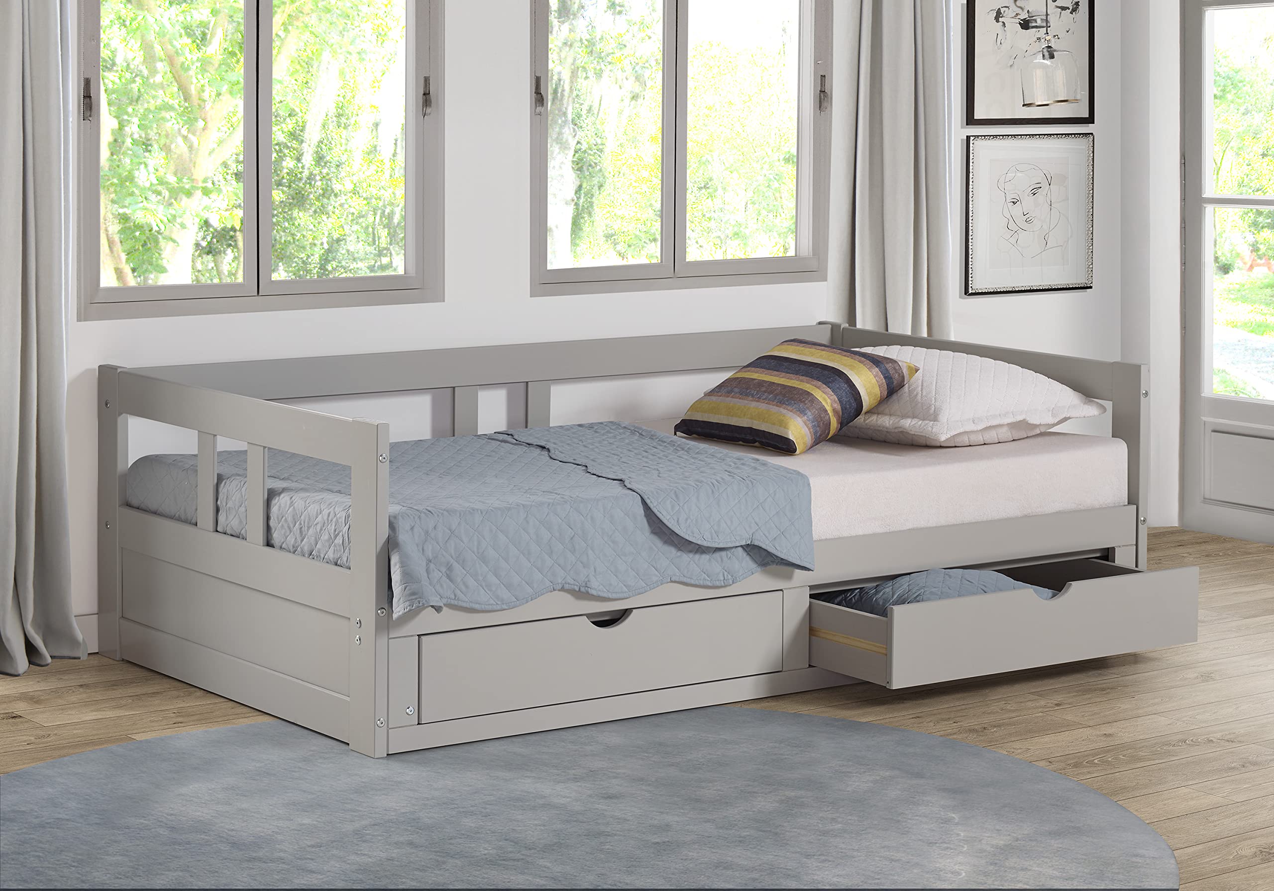 Alaterre Melody Extendable Twin to King Daybed with Trundle & Storage Drawers - Brazilian Pine Wood, 400lb Capacity, Dove Gray - Perfect for Kids Bedroom, Guest Room & Small Space Furniture