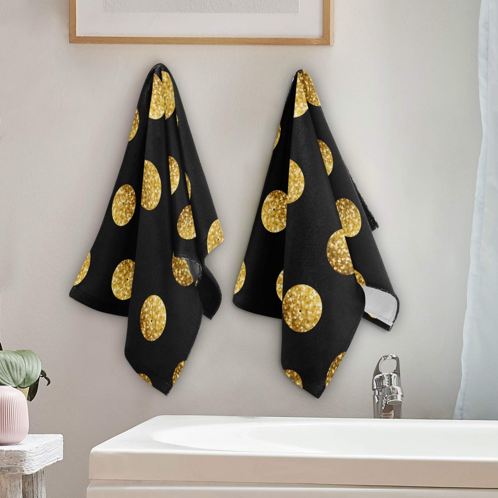 Qilmy 2-Piece Bath Towel Set - Super Absorbent Soft Cotton Towels for Bath, Face, Hand & Gym - Polka Dot Gold & Black - Perfect for Home, Shower & Travel Use