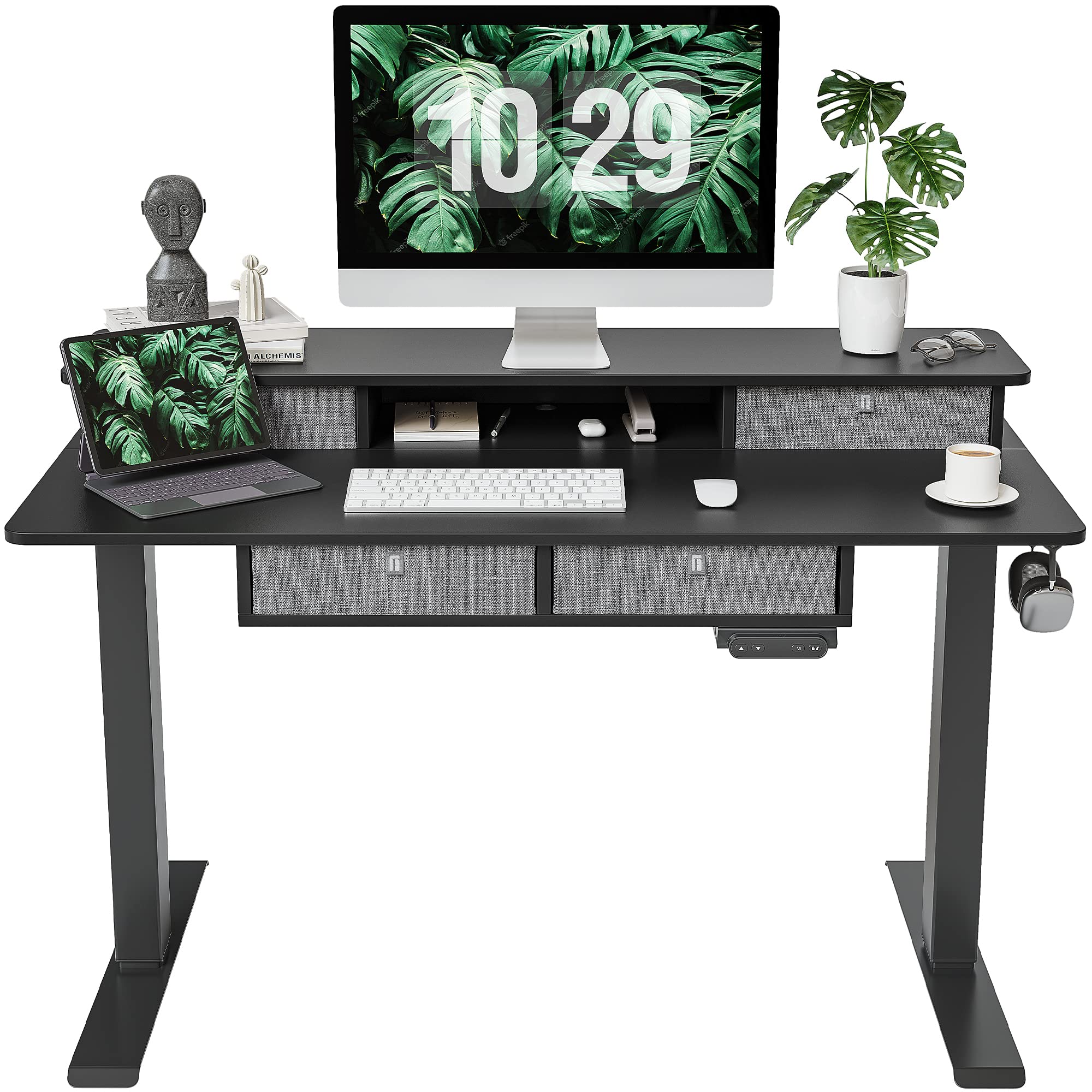 FEZIBO 48 x 24 Inch Electric Standing Desk with Drawers - Adjustable Height Sit Stand Workstation, Black Desktop with Large Storage Shelf | Perfect for Home Office, Gaming Setup & Workspace Ergonomics