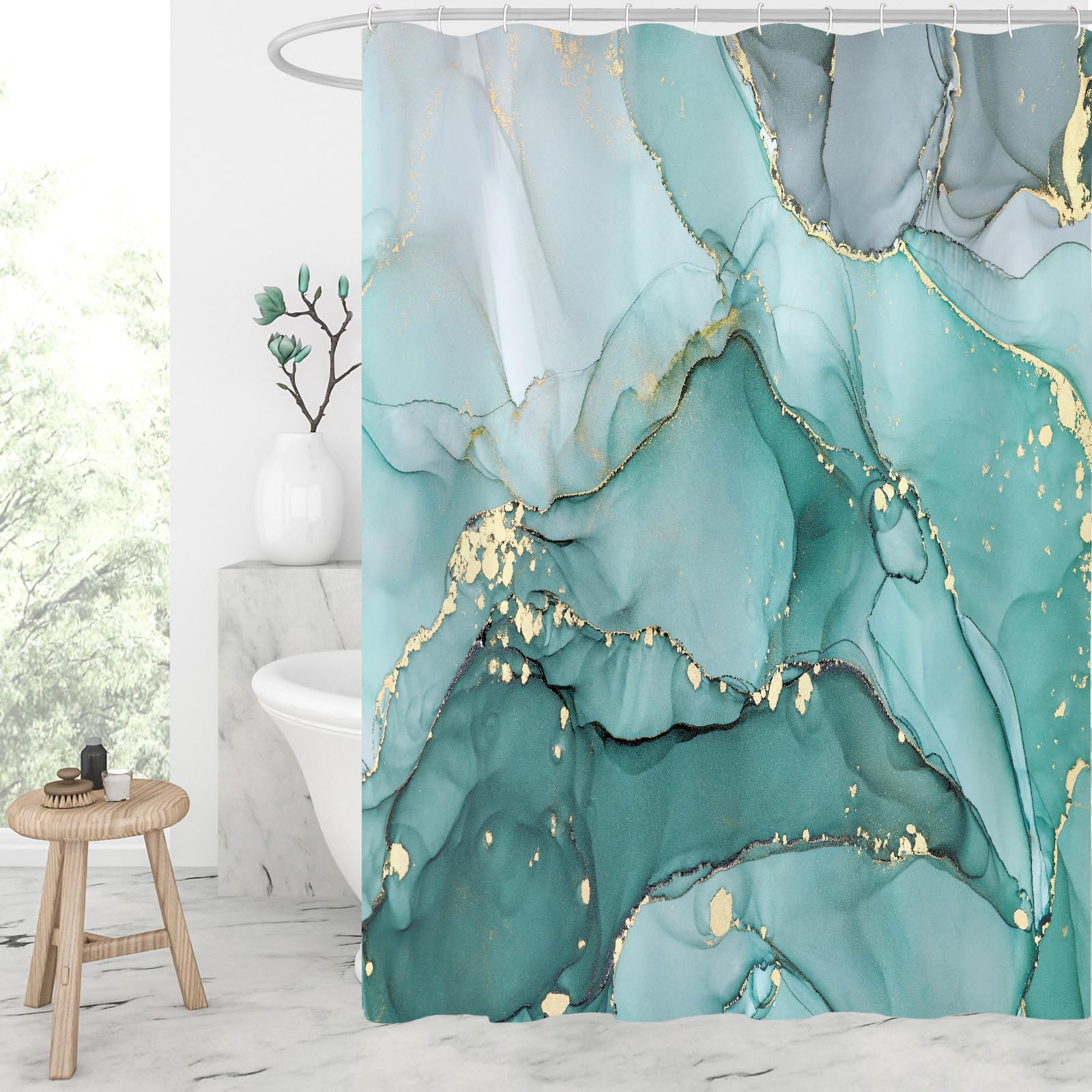 Gibelle Abstract Teal Marble Shower Curtain - Waterproof Fabric Bathroom Decor with Hooks, 72x72 Inches, Modern Ink Art Design for Spa-Like Shower Experience