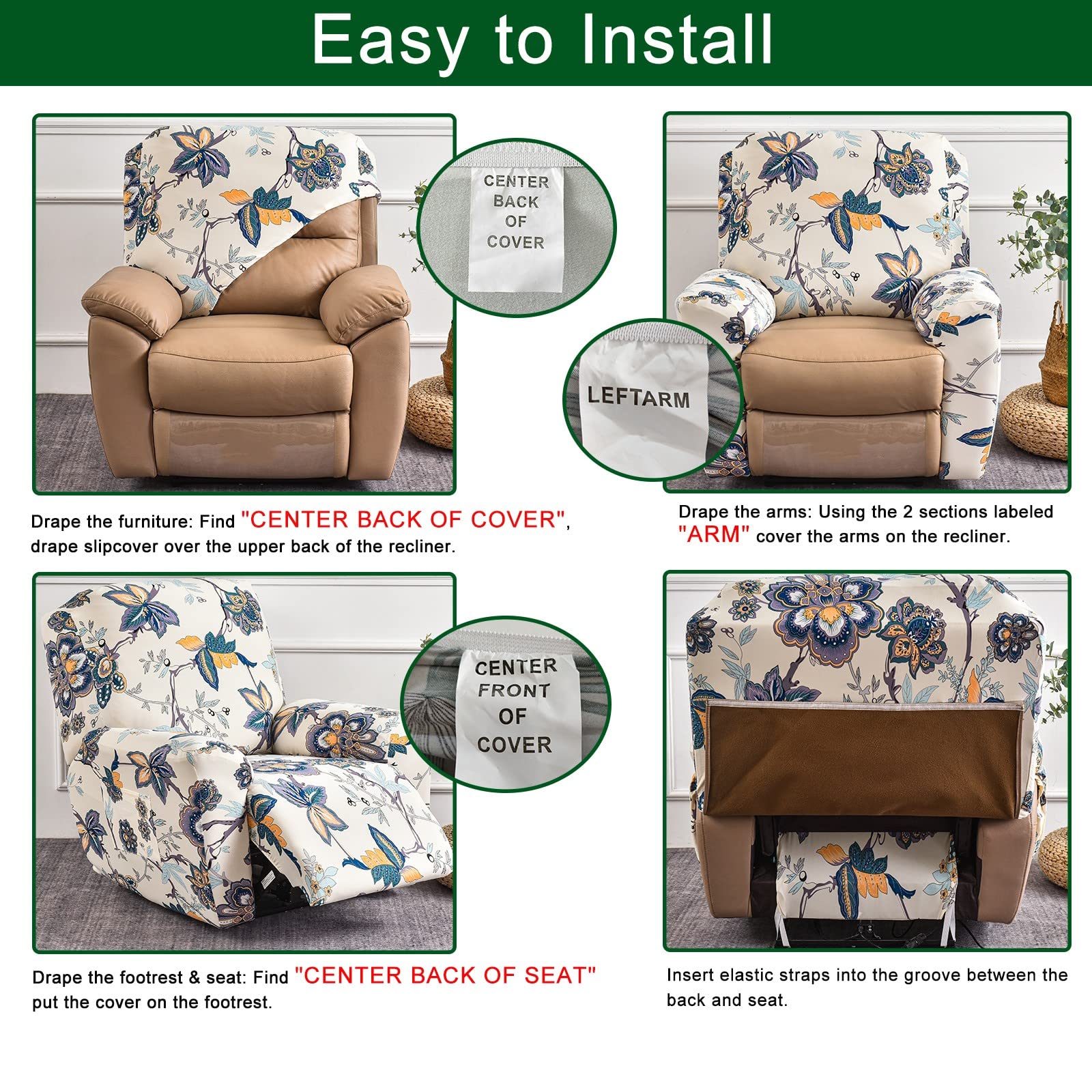 CRFATOP Recliner Chair Slipcover Set with Pockets - 4-Piece Stretchable Cover for Lazy Boy Recliners, Elastic Bottom (Fallon Collection) - Perfect for Living Room, Home Theater & Relaxation
