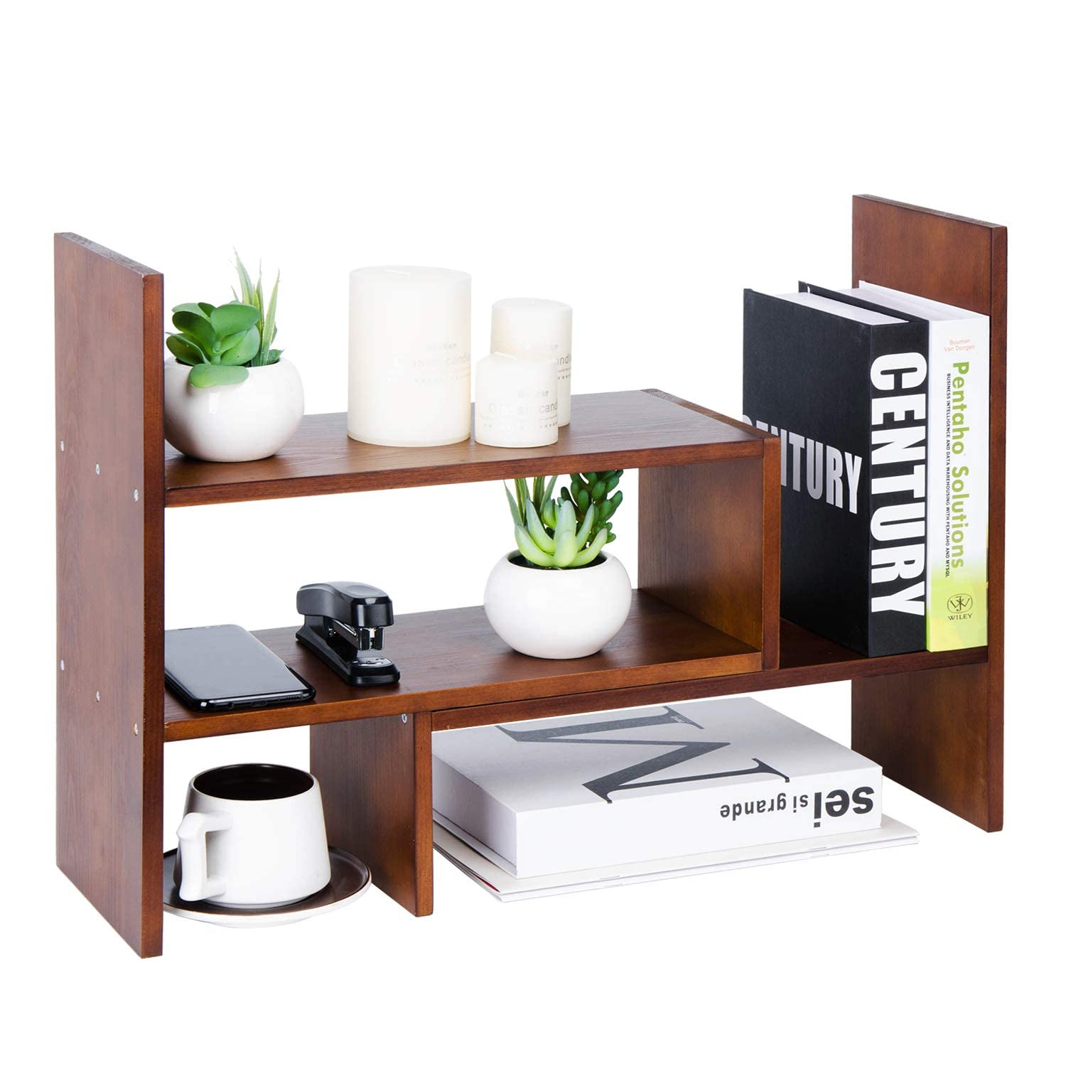Adjustable Extendable Natural Wood Desktop Organizer - Expandable Storage Shelf for Office & Home (Brown) | Perfect for Desk Organization, Countertop Display, Book Storage & Workspace Decoration