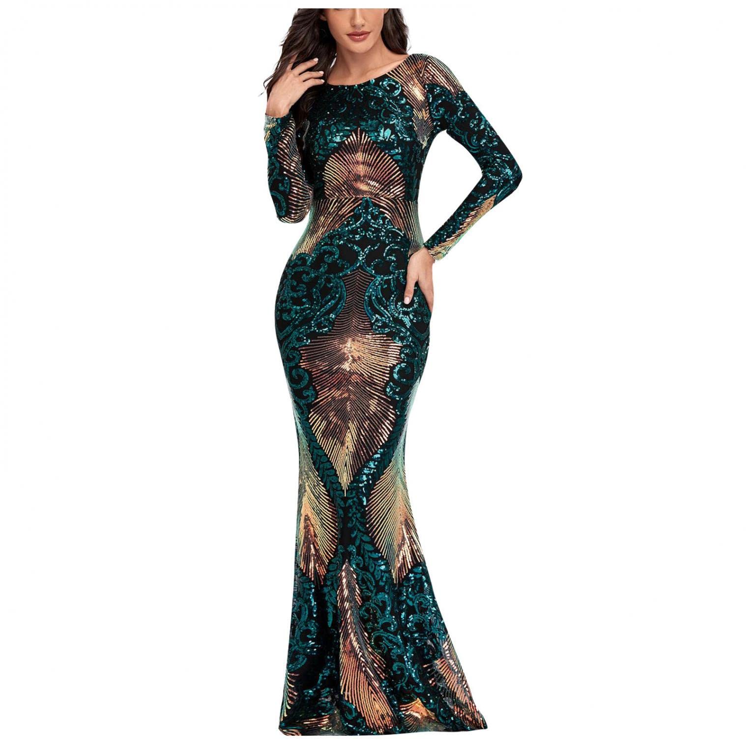 UIKMNH Women's Sexy Backless Long Sleeve Fishtail Maxi Dress - Formal Evening Gown for Wedding Guest, Party, Prom & Special Occasions | Bodycon Silhouette with Bronzing Effect