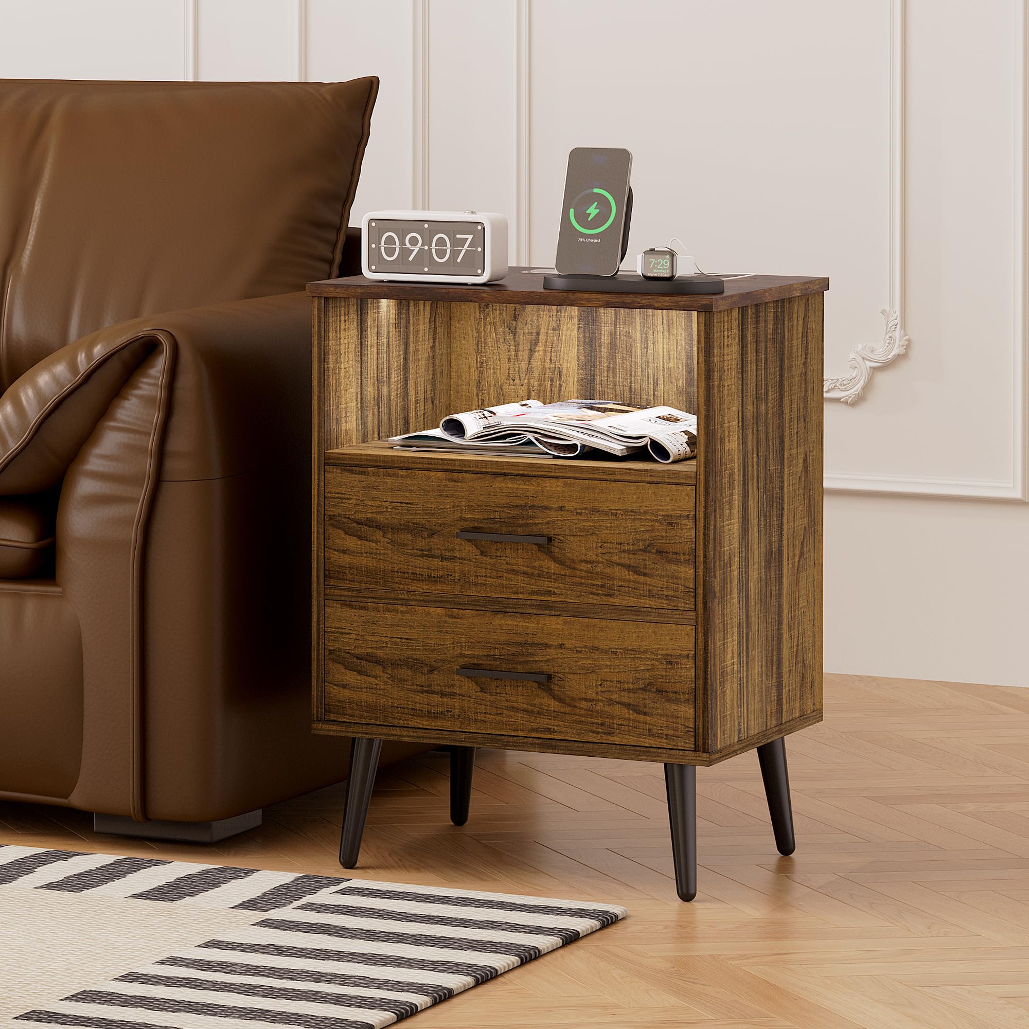 LVSOMT Set of 2 Mid Century Modern Nightstands with Charging Station, USB Ports & 2 Drawers - Rustic Brown Bedside Tables with Open Shelf for Bedroom - Perfect for Smartphone Charging & Bedroom Storage Organization