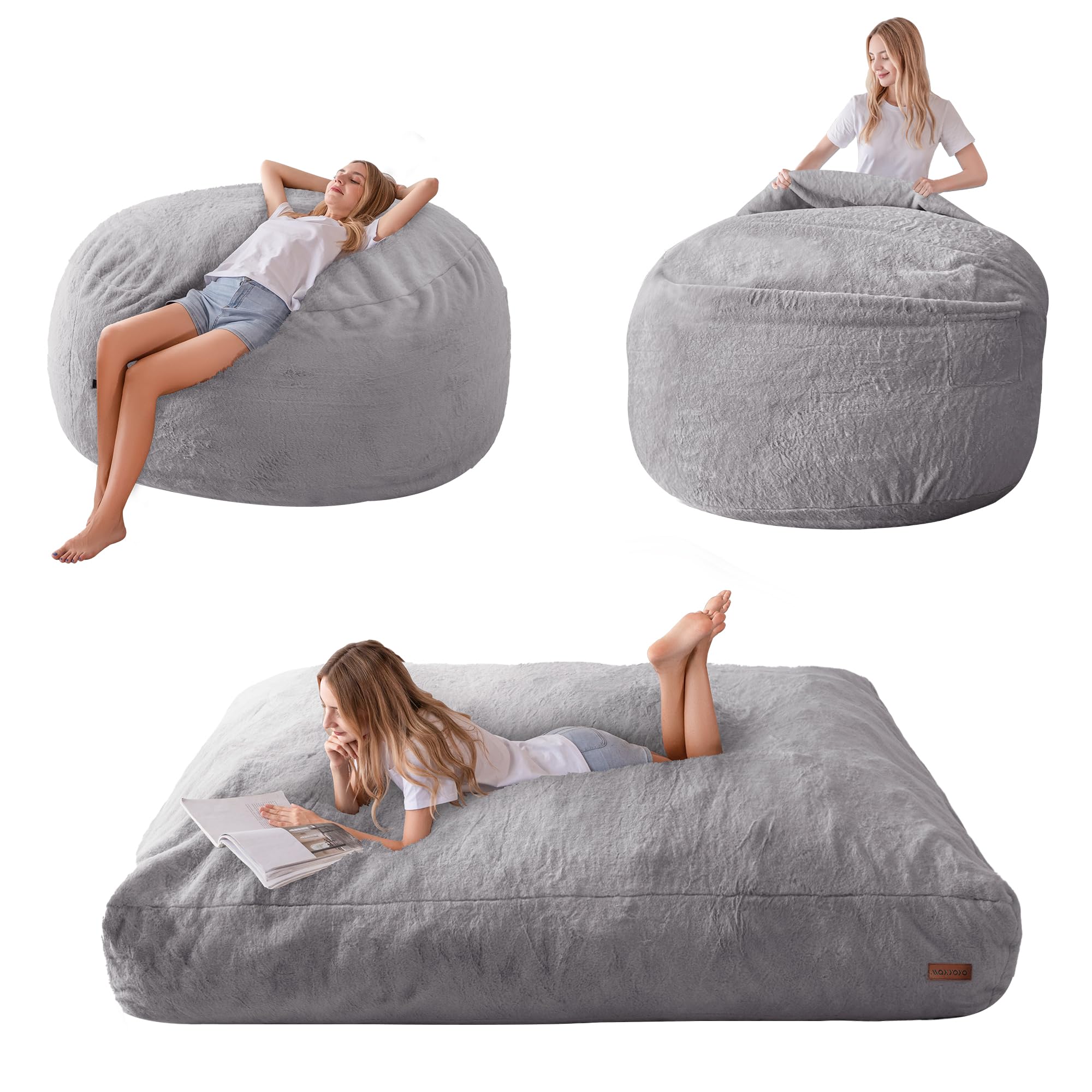 MAXYOYO Giant Bean Bag Chair - Faux Fur Convertible Sofa Bed, Transforms from Lounge Chair to Floor Mattress (Light Grey) | Perfect for Living Room, Bedroom, Dorm & Game Room Relaxation