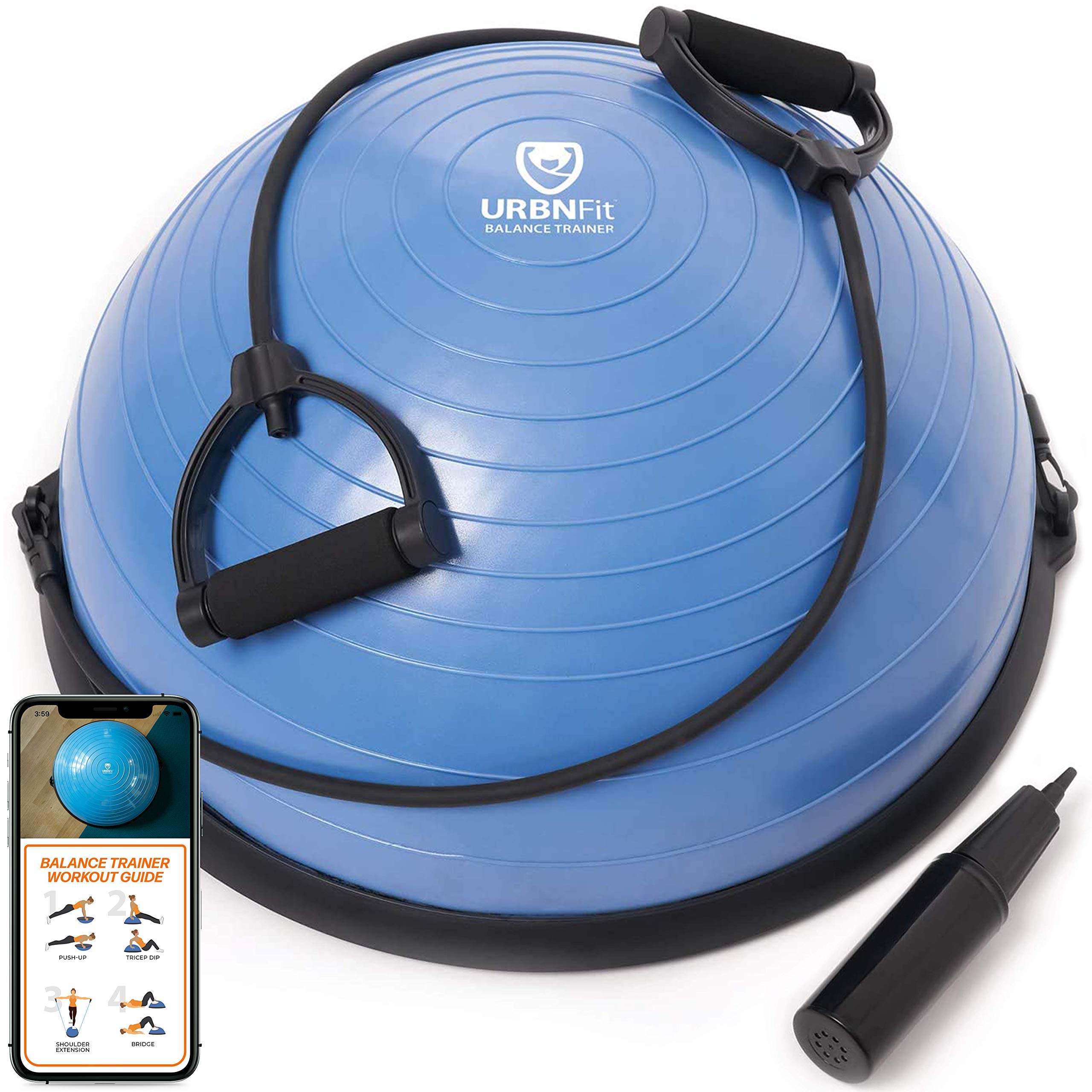 URBNFit Half Balance Ball - Core Stability & Full Body Workout Yoga Ball Trainer with Resistance Bands, Pump & Exercise Guide - Perfect for Home Gym, Pilates, Physical Therapy & Fitness Training