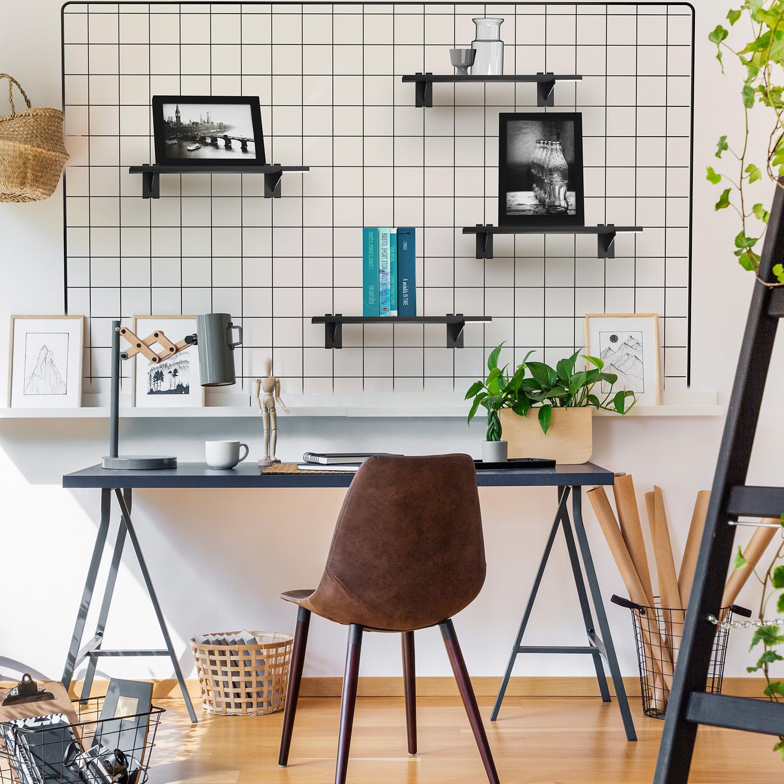 6 Pack Wooden Gridwall Shelves 15.7 x 6 Inches - Heavy Duty Metal Bracket Grid Wall Shelving Organizer for Home, Garage, Retail Store Display & Storage (6, 15.7 x 6 x 0.6 inches) - Perfect for Organizing Shoes, Tools, Books & Decorative Items