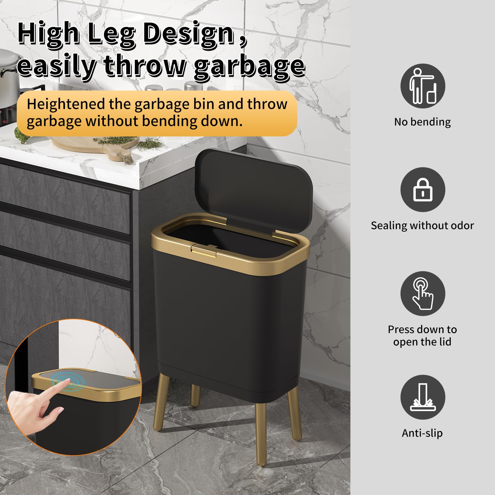 Procade 2-Pack 4 Gallon Office Trash Can with Lid - Push Button Bathroom Garbage Bin, Narrow Waste Basket for Bedroom, Kitchen & Toilet (Black) - Perfect for Small Spaces & Home Organization