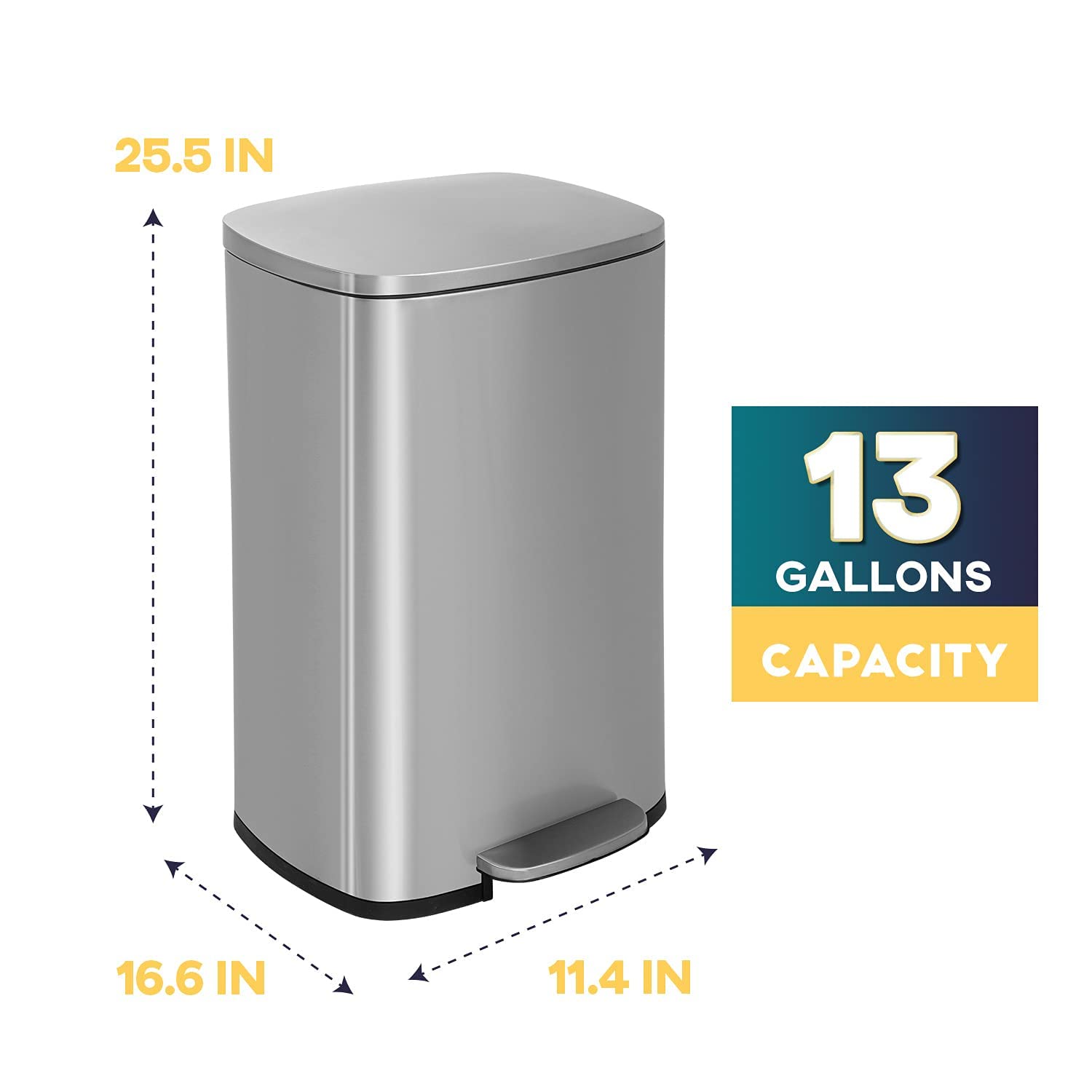 13 Gallon Stainless Steel Trash Can with Lid - 50L Fingerprint-Proof Kitchen Garbage Bin for Office, Bedroom & Bathroom - Durable Step Pedal Design for Hands-Free Disposal