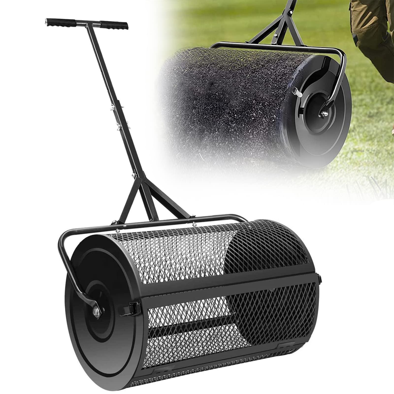 24 Inch Peat Moss Spreader, Durable Metal Mesh Basket Compost Spreader with Adjustable Long Handle, Lightweight for Top Dressing Compost, Dirt, Mulch - Perfect for Gardening, Lawn Care, and Landscaping