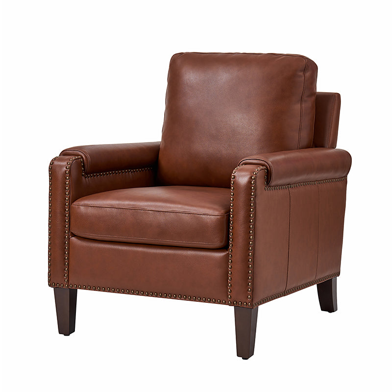 Nathaniel Transitional Style Genuine Leather Armchair - Premium Brown Leather Lounge Chair for Living Room, Office & Study - Comfortable Reading Chair with Padded Seat & Wooden Legs