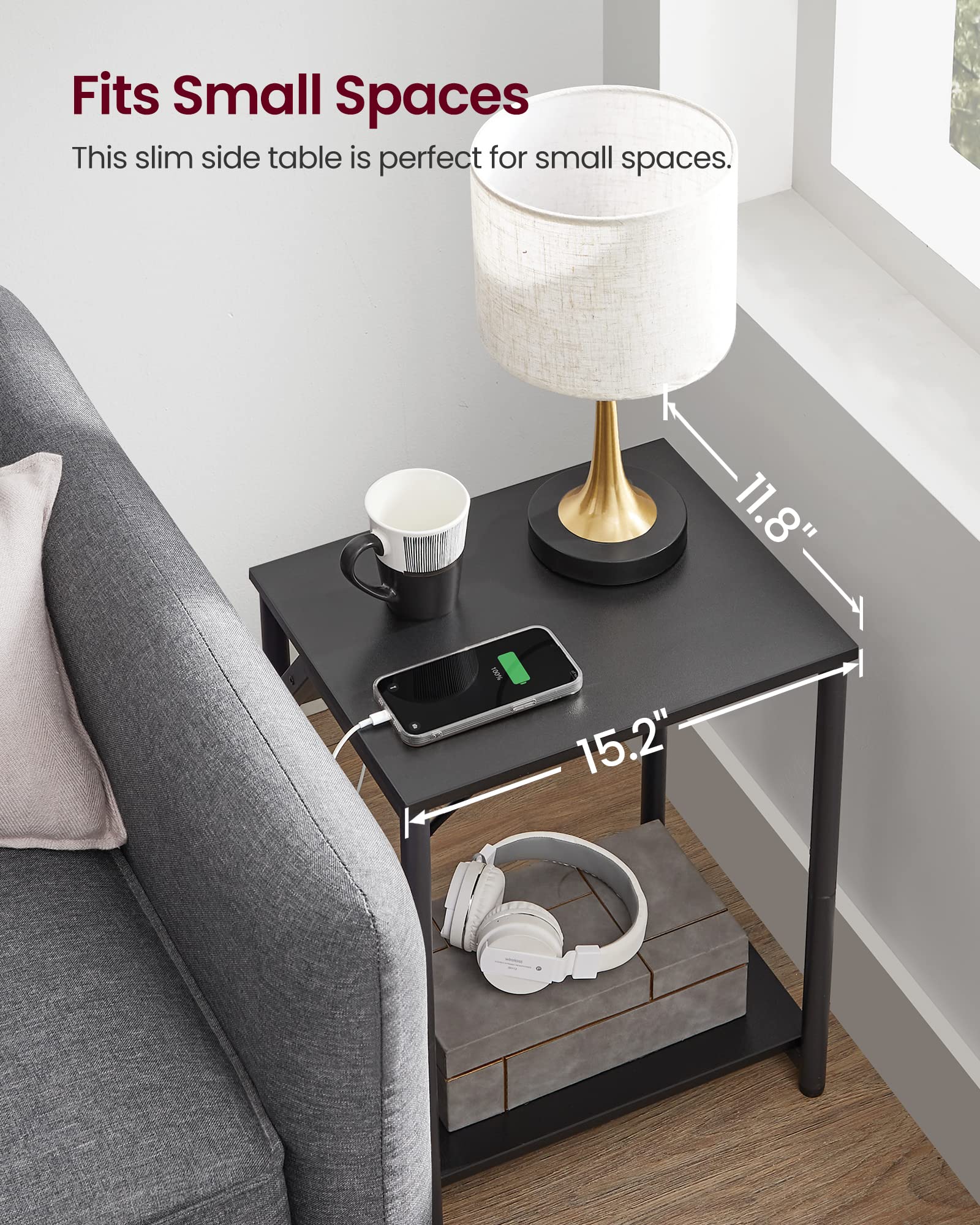 VASAGLE 2-Pack End Tables with Built-in Charging Station, USB Ports & Outlets - Compact Nightstand with Storage Shelf for Bedroom, Living Room - Perfect for Small Spaces & Modern Home Decor - Black