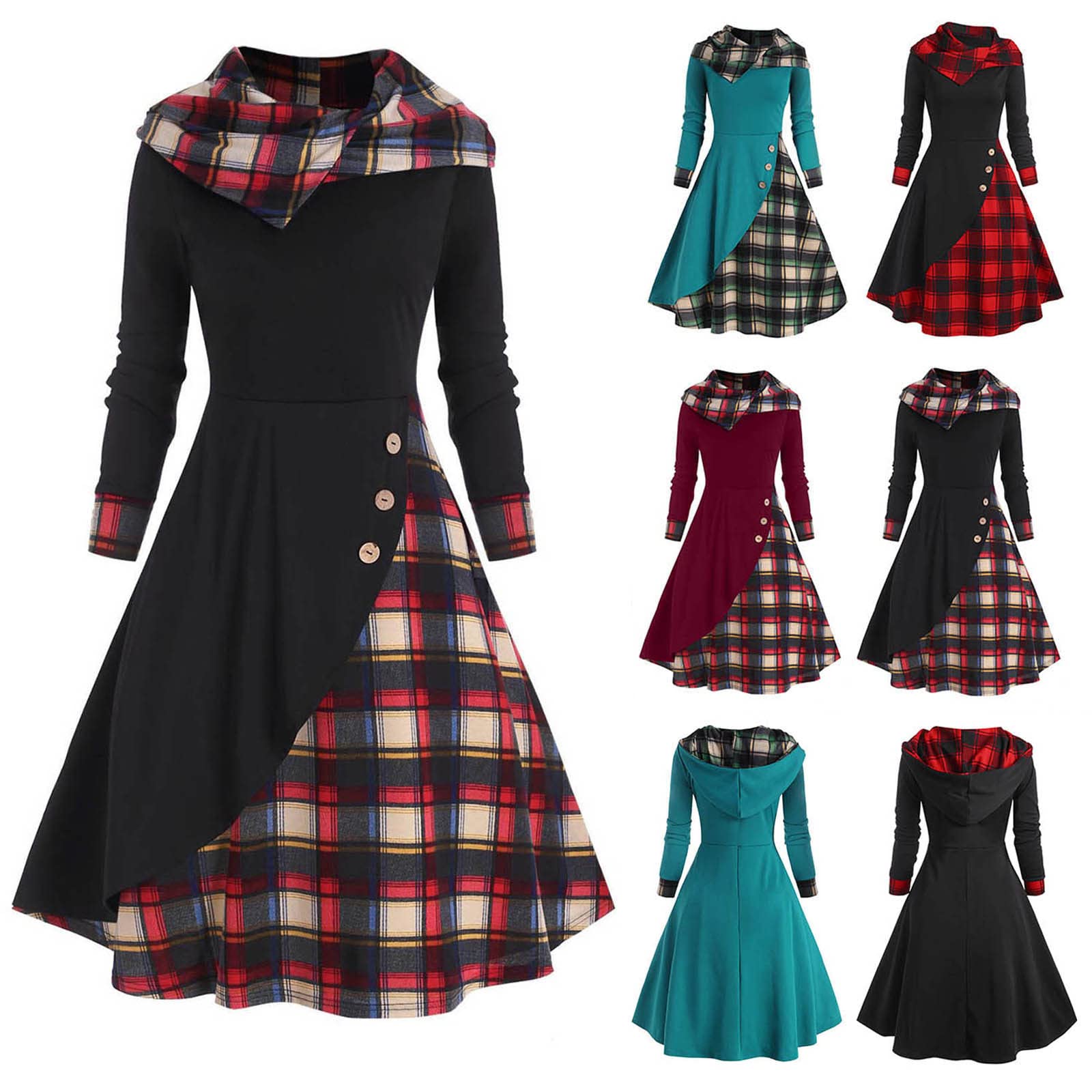 Gothic Plaid Dress for Women - Vintage Panel Hooded Button Dress, Elegant Retro Dark Midi Dress with Loose Fit | Perfect for Halloween, Cosplay, Gothic Parties and Vintage Fashion Lovers