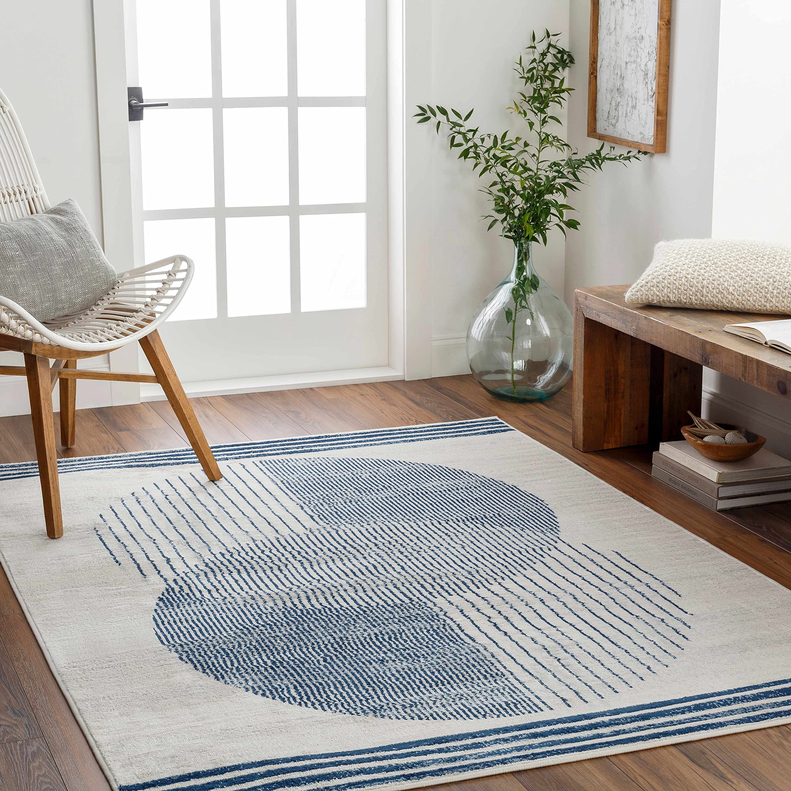 Hauteloom Usra Modern Area Rug for Living Room & Bedroom - Blue, Gray, Silver Round Rug 6'7