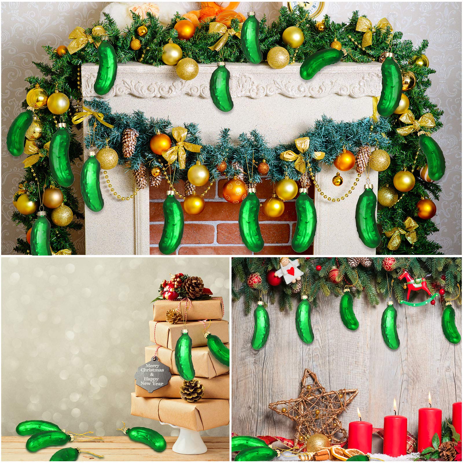 Syhood 4-Piece Glass Blown Christmas Pickle Ornament Set - Holiday Tree Decorations with Hanging Strings | Perfect for Xmas Tree Decor, Gift Exchange & Festive Home Decor