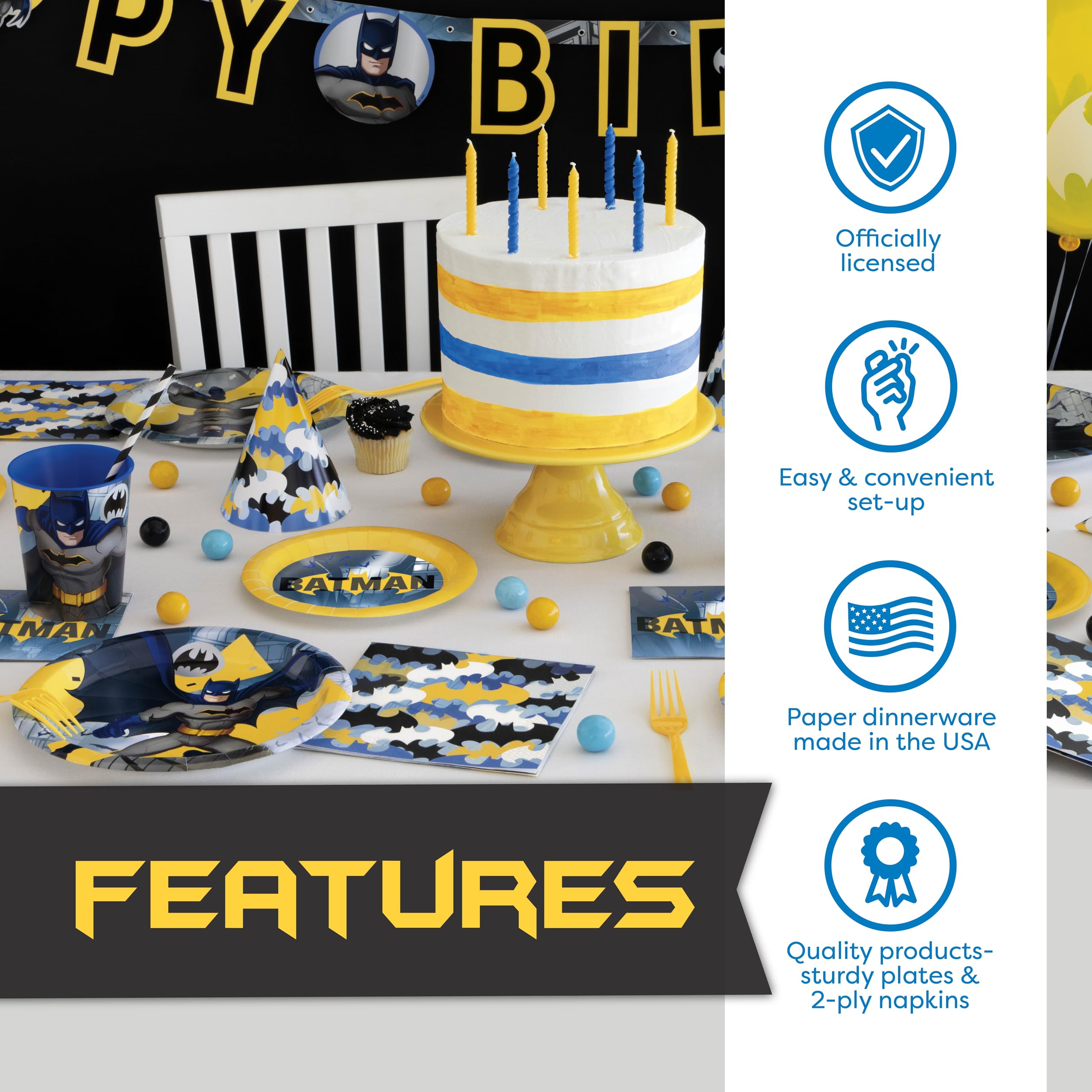 Batman Birthday Party Supplies & Decorations Kit - Balloons, Banner, Table Cover, Masks, Plates, Cake Plates, Napkins, Cups, Buttons | Perfect for Superhero Themed Birthday Parties, Kids Celebrations & Batman Fan Events