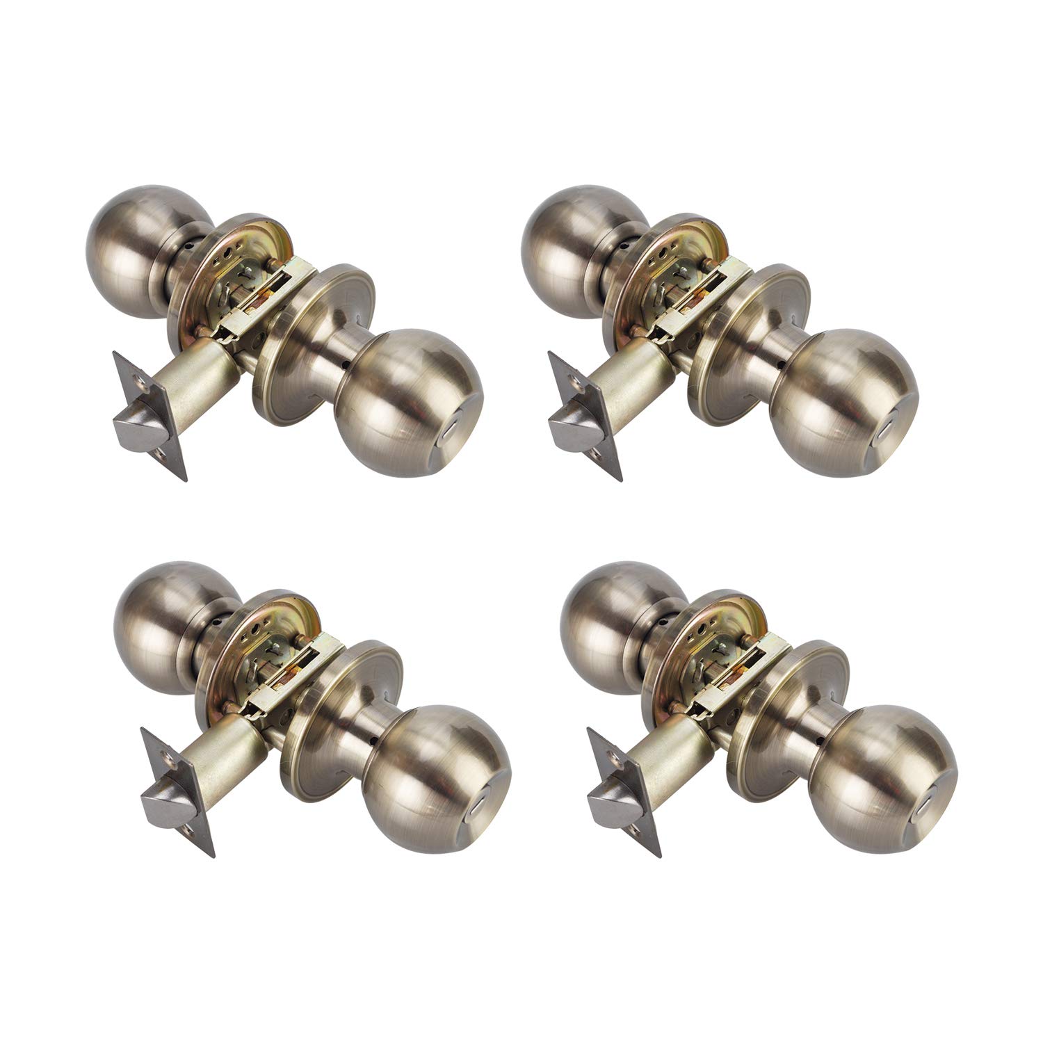 (4 Pack) Antique Brass Round Door Knob Set - Privacy Bathroom & Interior Door Lock Handle - Durable & Stylish for Home, Office, and Hotel Use