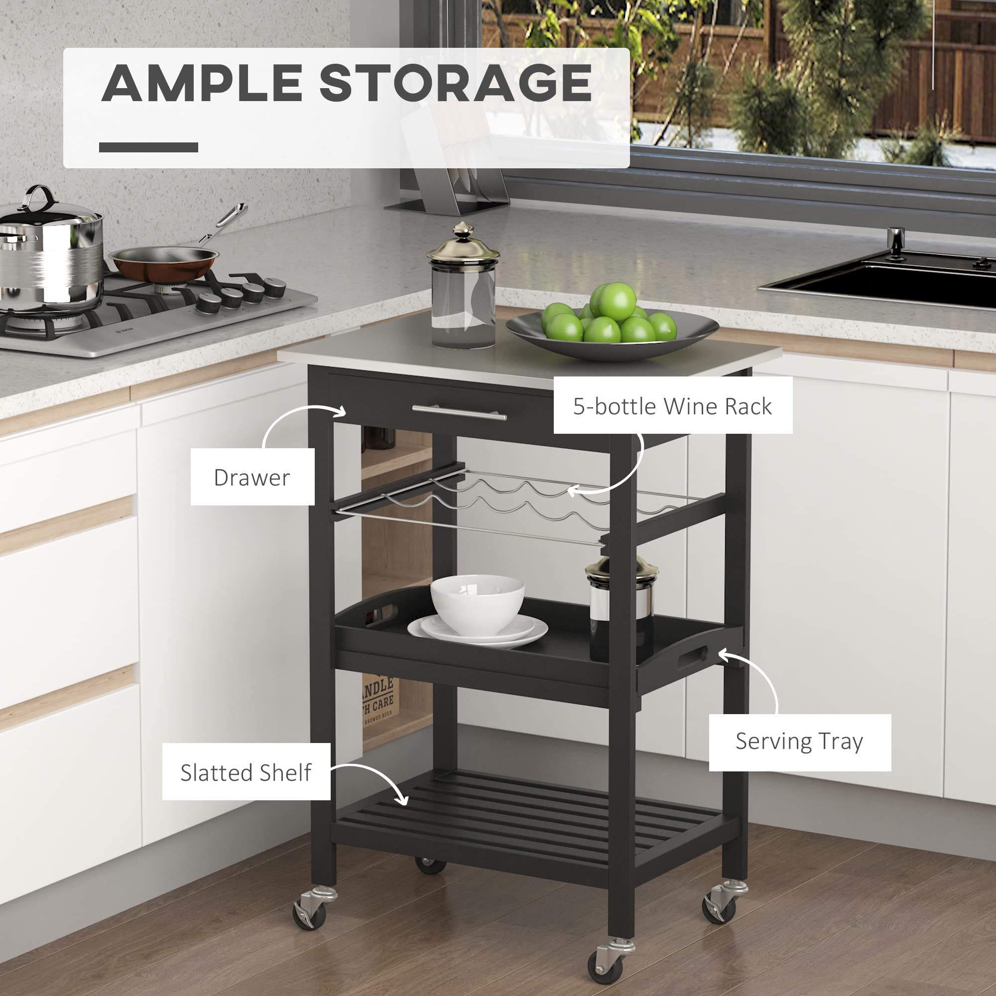 HOMCOM Kitchen Island Cart with Stainless Steel Tabletop, Wine Rack & Drawer - Rolling Utility Serving Trolley for Kitchen, Dining Room & Bar Use