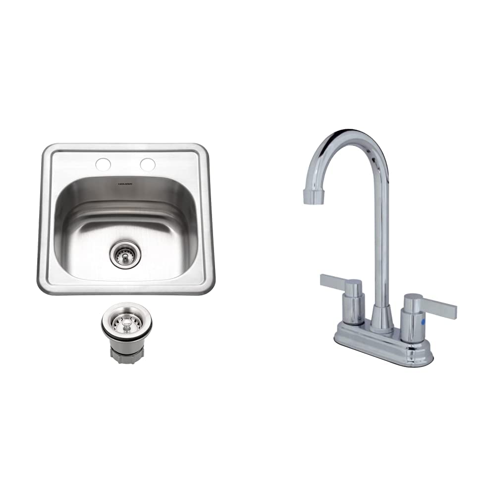 Houzer Commercial Stainless Steel Bar Prep Sink with Kingston Brass NuVoFusion Centerset Faucet - Perfect for Restaurants, Bars & Home Kitchens