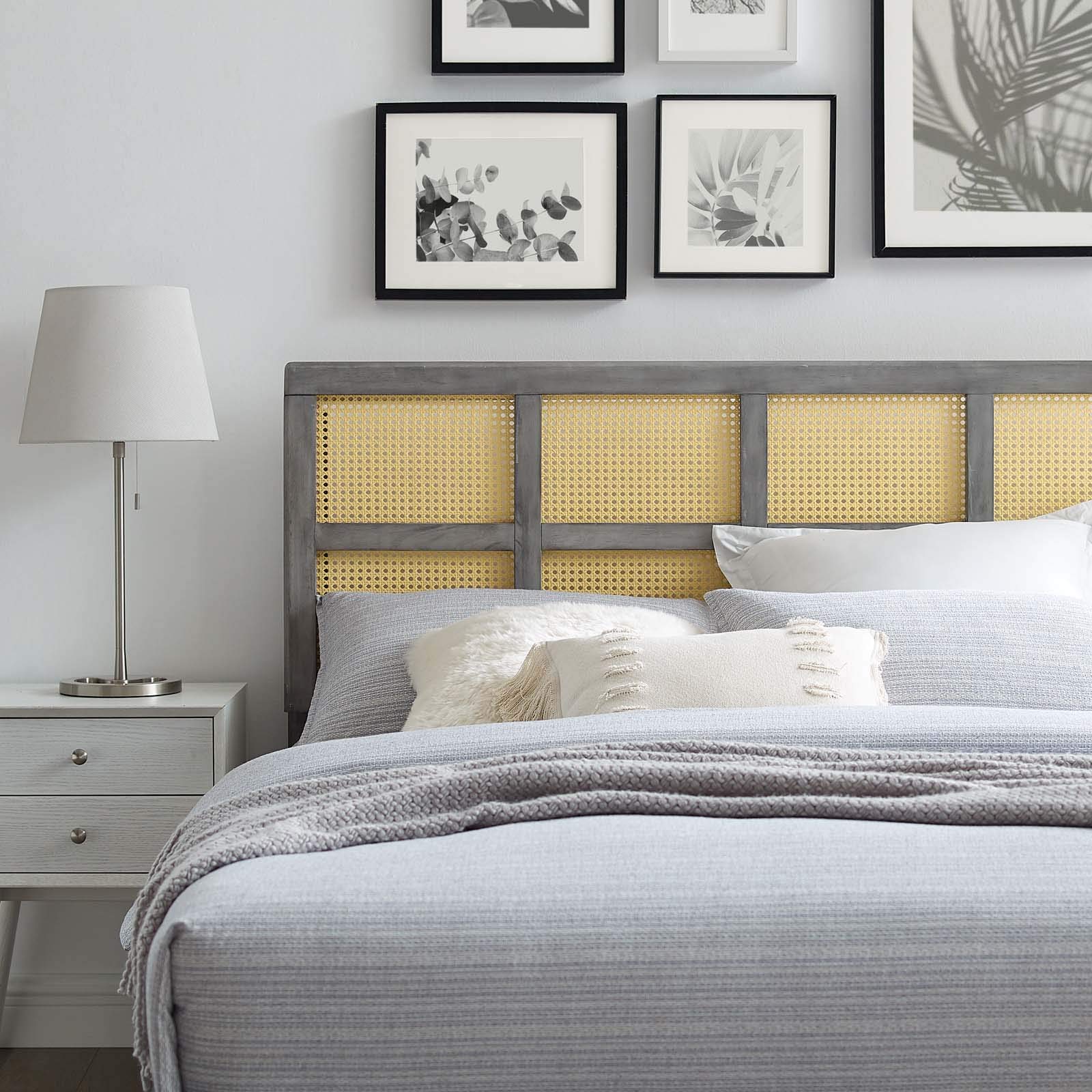 Modway Luana Gray Cane Woven Rattan Queen Size Headboard - Boho Bedroom Decor for Master & Guest Rooms