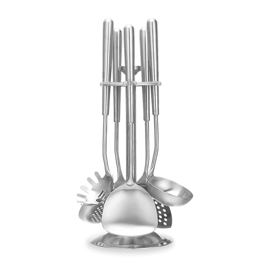 Premium 304 Stainless Steel 6-Piece Kitchen Utensil Set - Spatula, Spoon & Colander with Storage Bracket - Matte Finish Cooking Tools for Home Chefs - Ideal Gift for Housewarming & Wedding - Perfect for Baking, Frying & Pasta Making